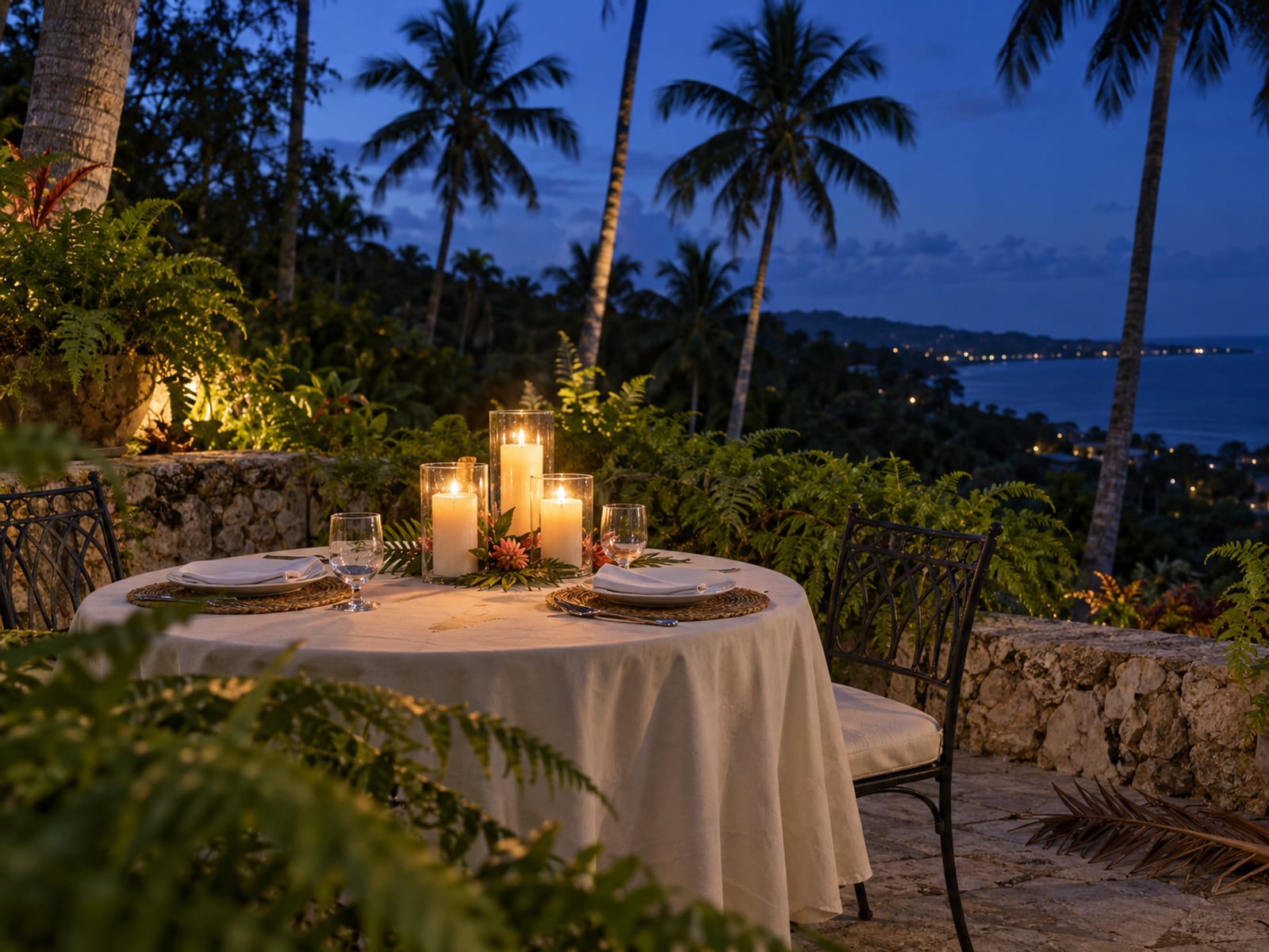A candlelit table set for dinner beside a garden terrace at dusk
