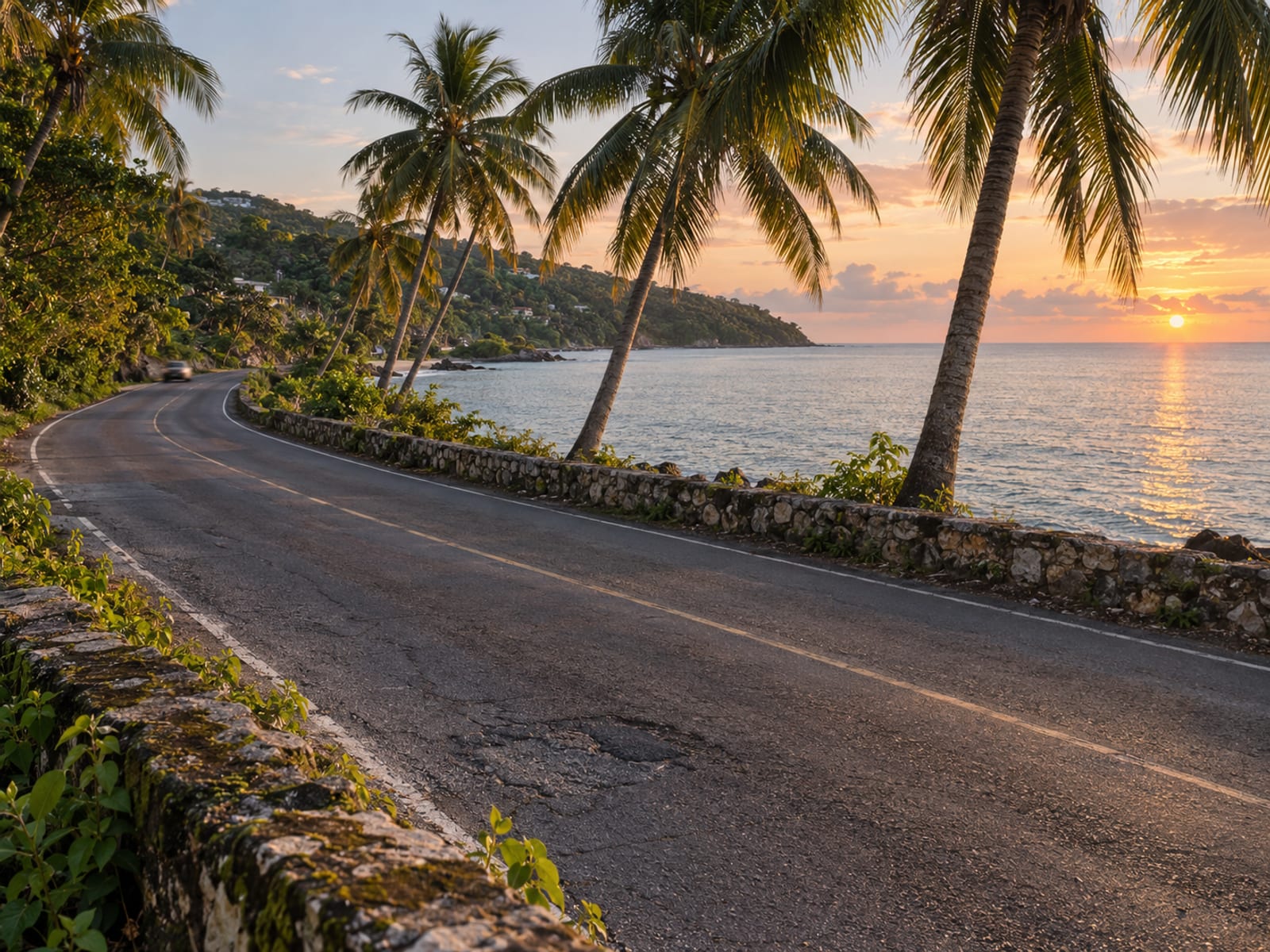 A coastal road curving along the sea toward a resort area at golden hour