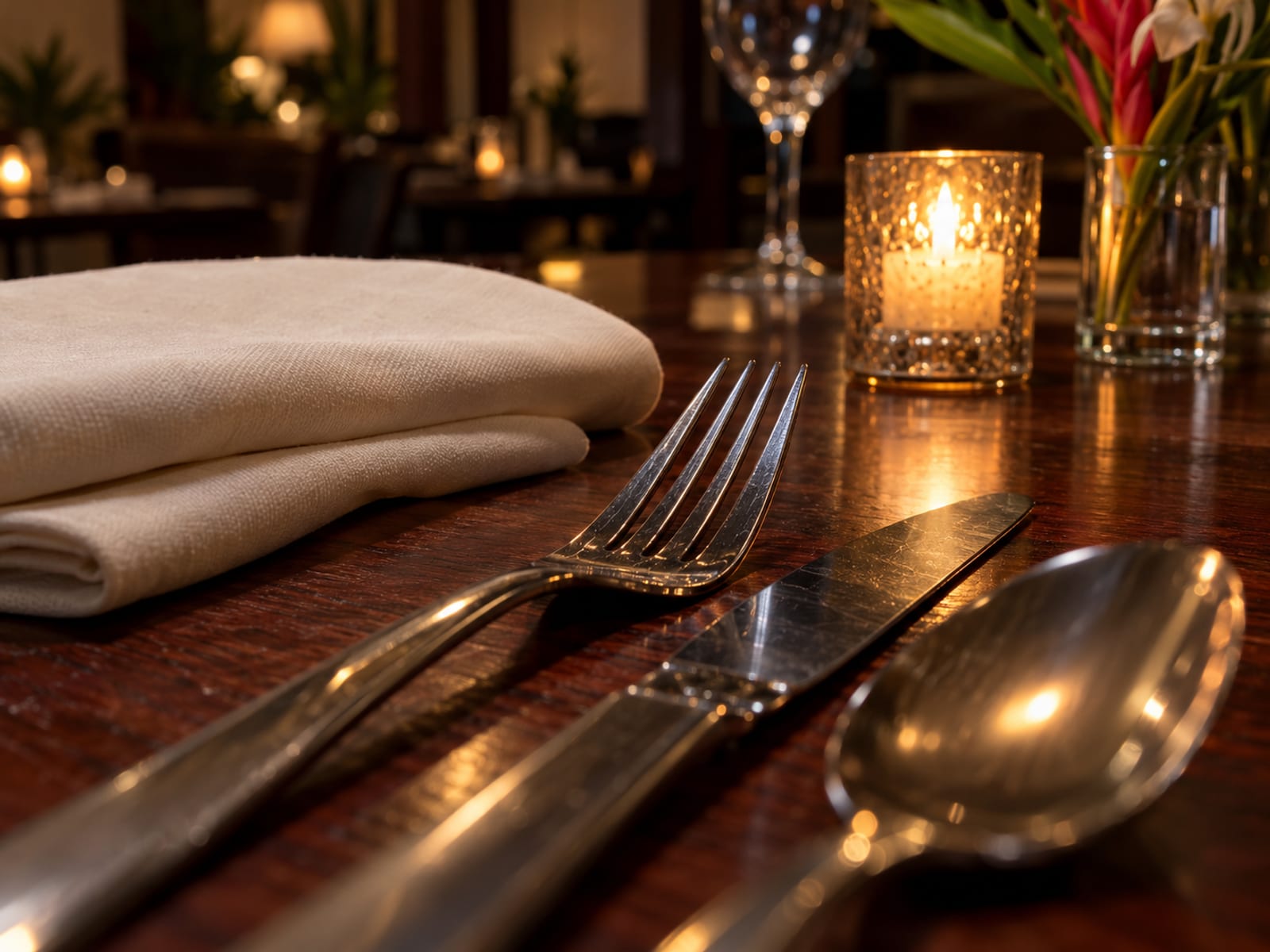 A folded linen napkin and polished cutlery on a dark wooden restaurant table