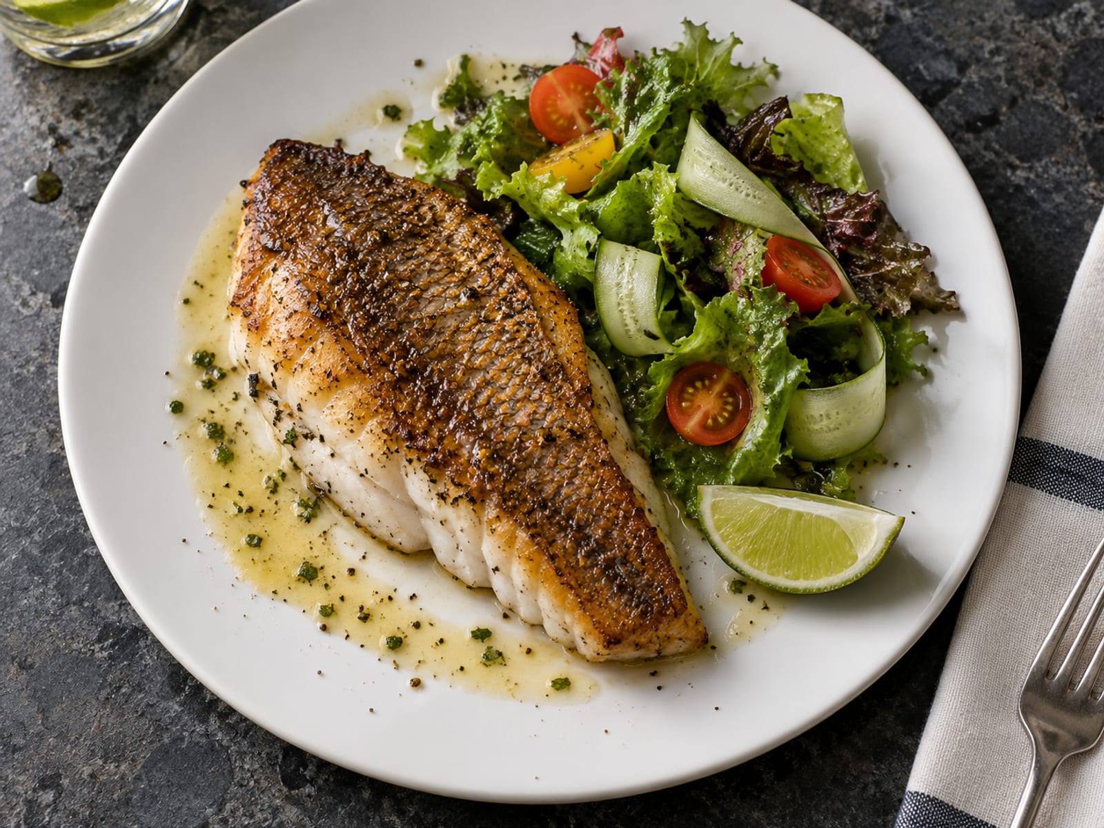 A close view of seared fish on a white plate with a small salad