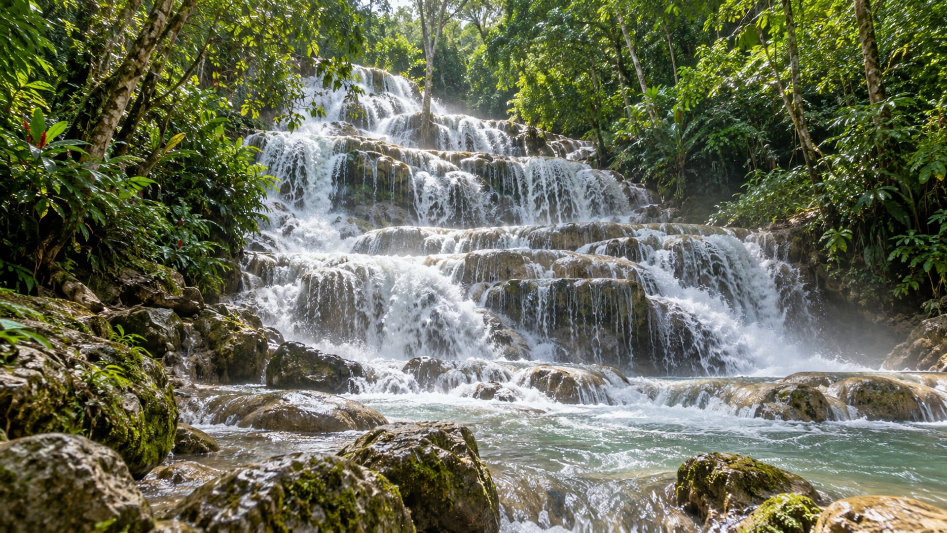 A terraced waterfall spilling over rocks into a green tropical gorge