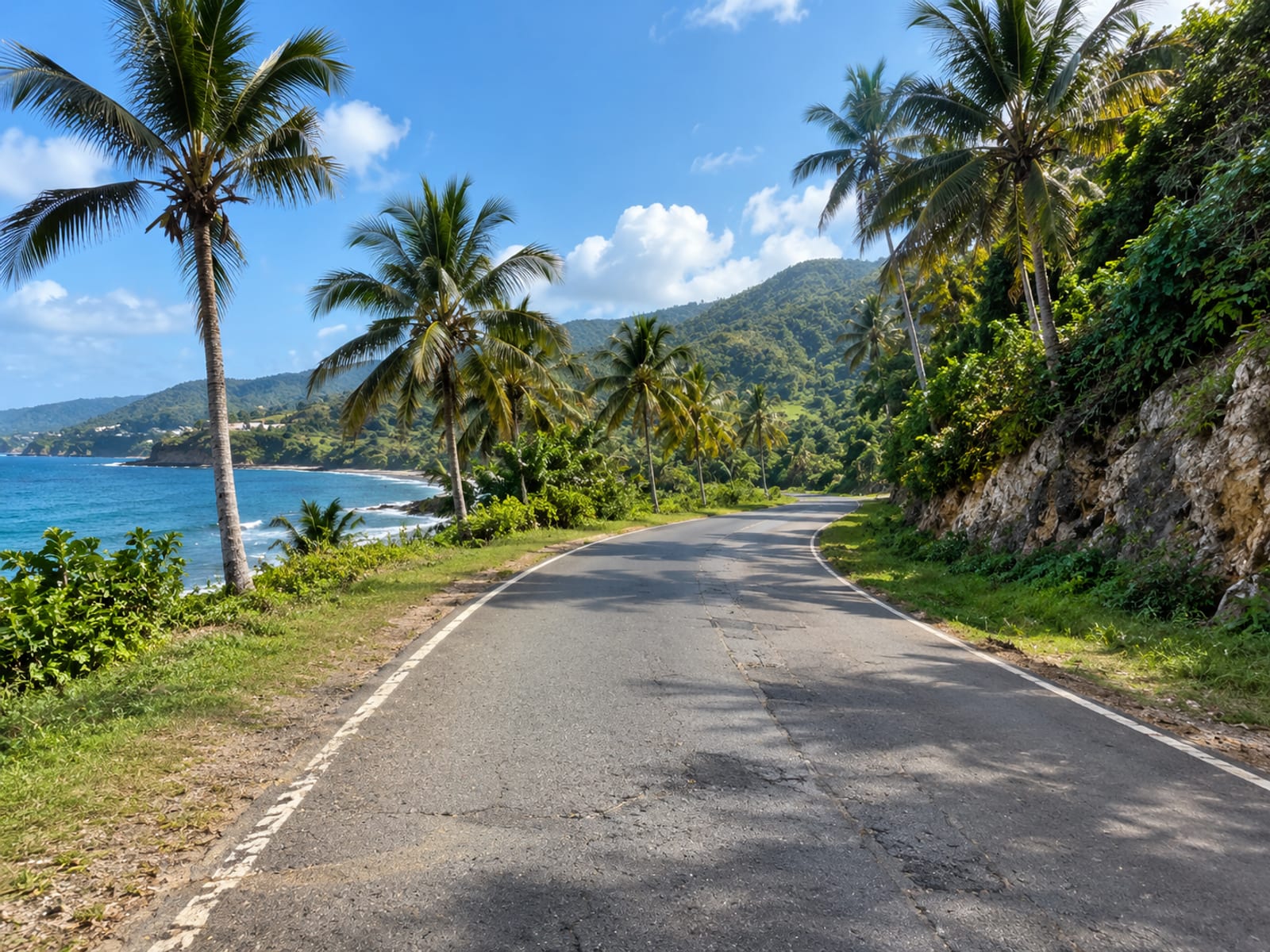 A narrow coast road in Trelawny lined with palms and green hills under a bright sky