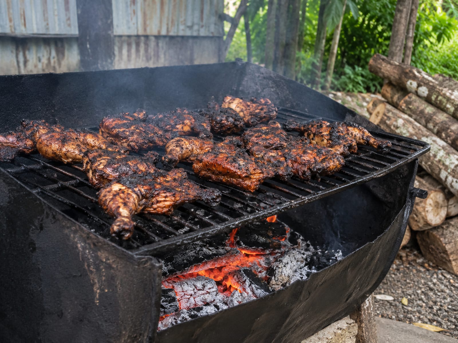 A jerk pan with chicken pieces over pimento wood coals and light smoke