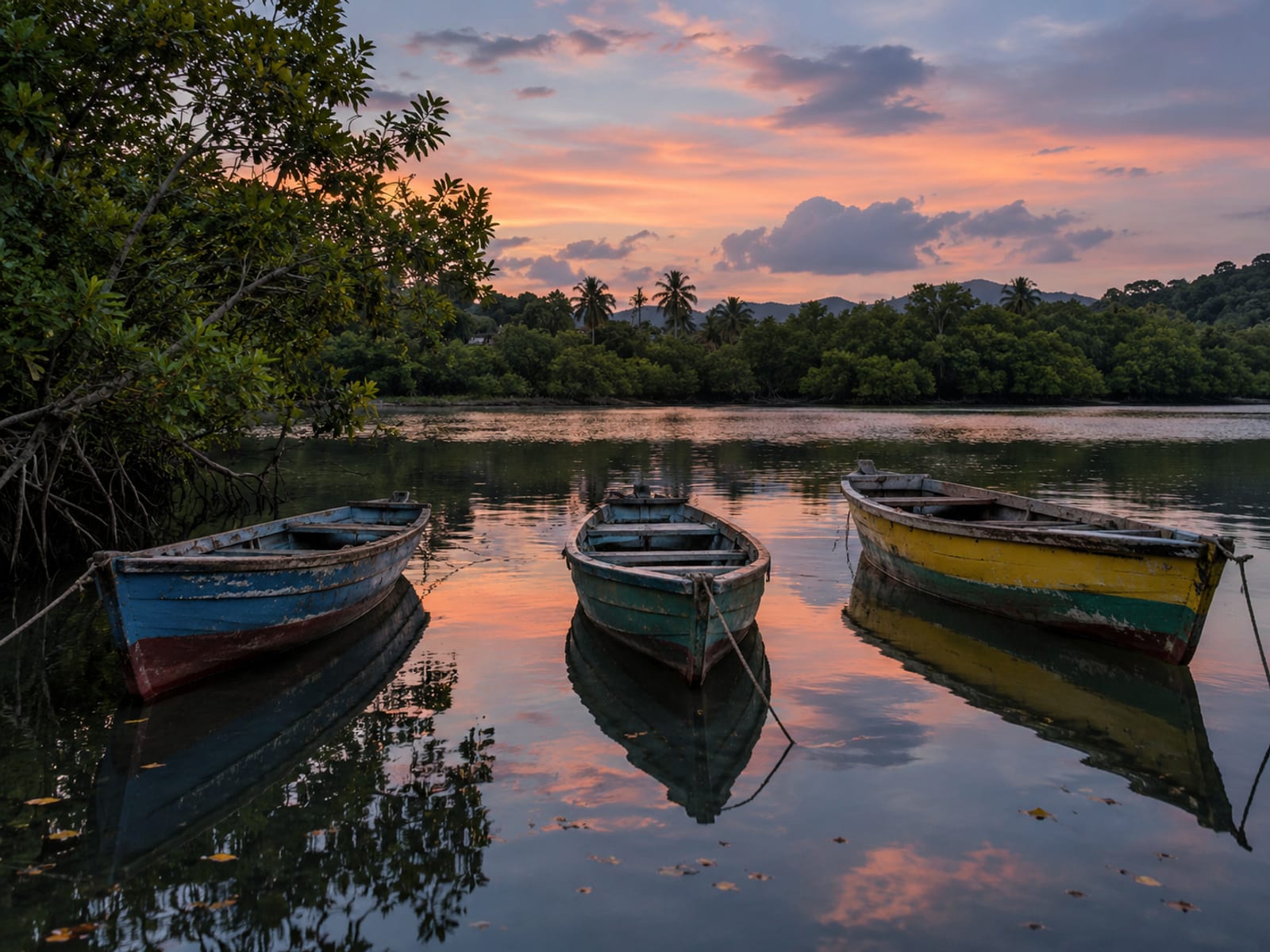 Calm lagoon water at dusk with a dark green shoreline and a few boats