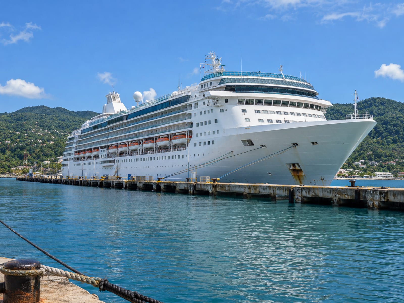 A cruise ship alongside a pier with green hills behind it under a clear sky