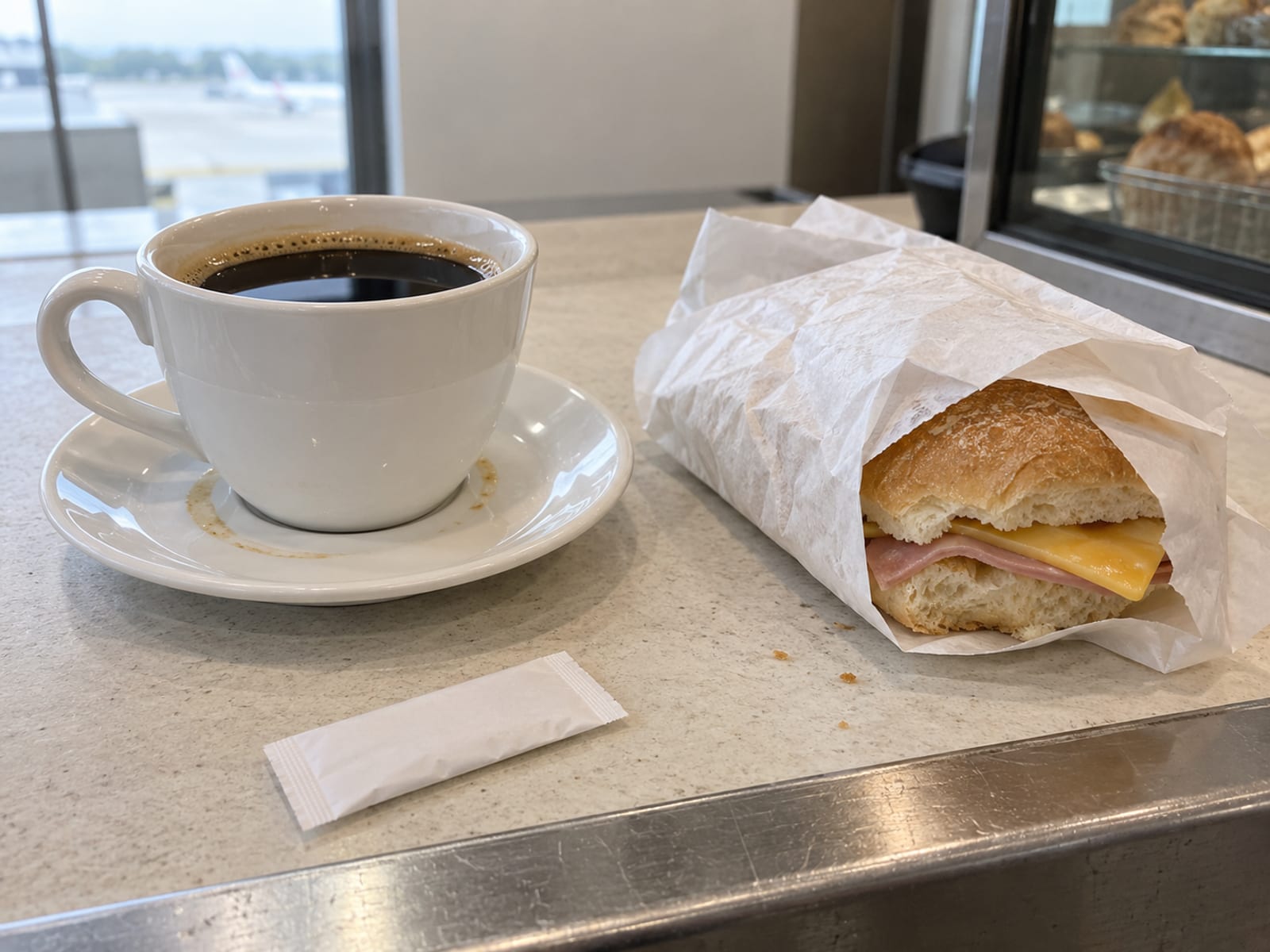 A cup of black coffee beside a wrapped sandwich on a plain counter