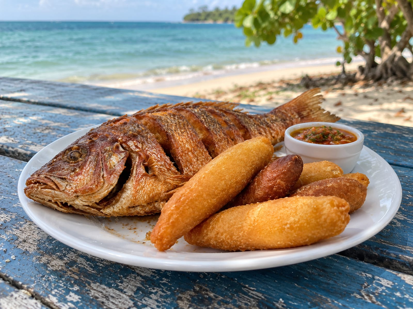 Fried fish with golden fried dumplings on a plate beside a beach