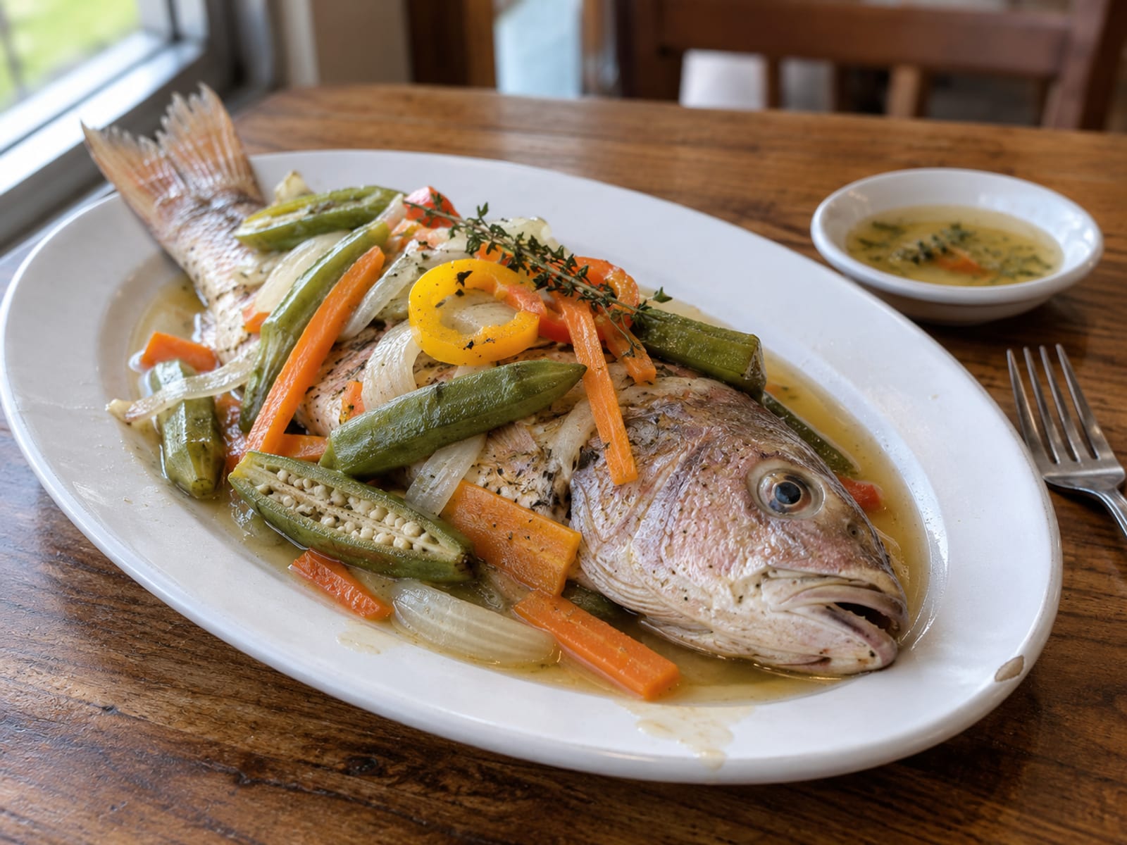 A whole steamed fish with okra and carrots on a white plate