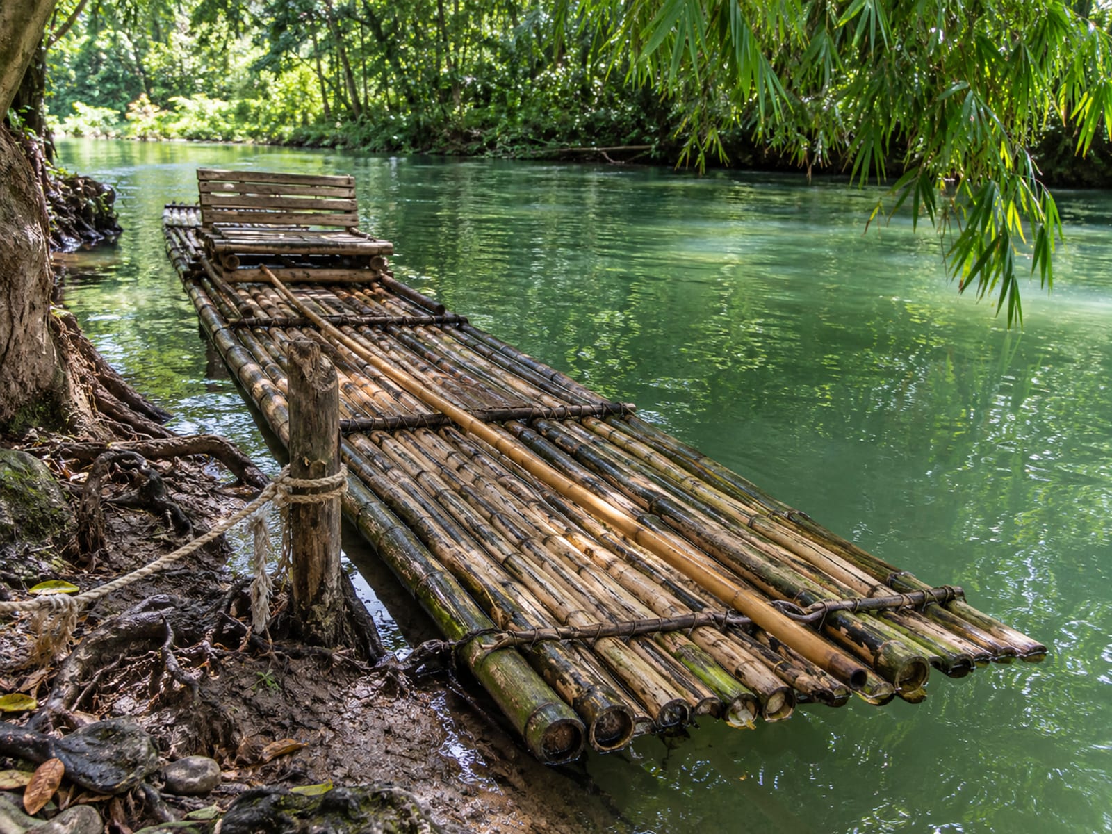 A bamboo raft moored at a green riverbank under overhanging trees