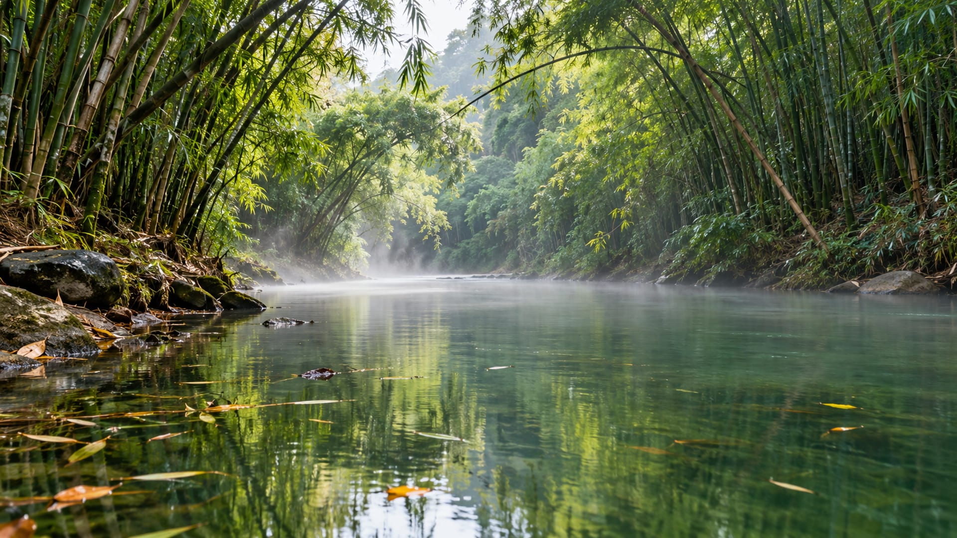 A calm green river winding between tall bamboo stands in soft morning light