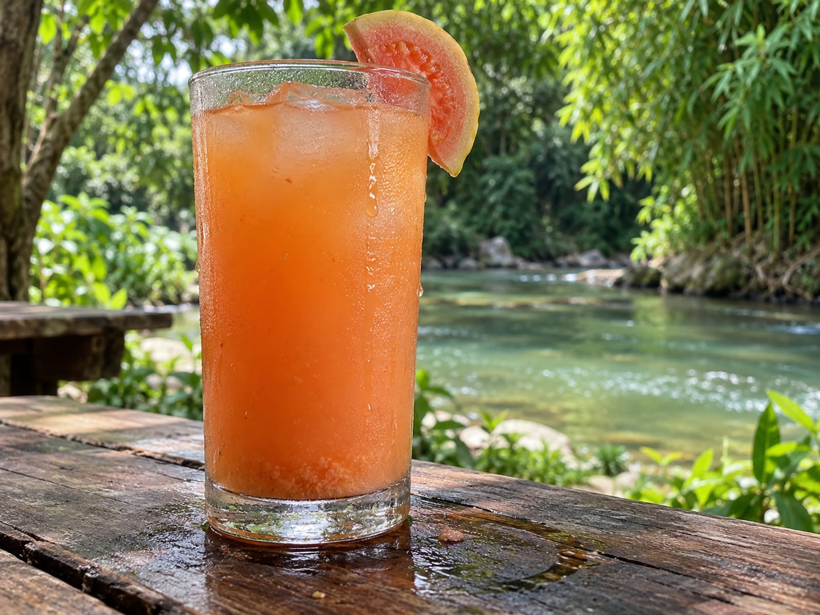 A tall glass of fresh fruit drink on a wooden table beside a green riverbank