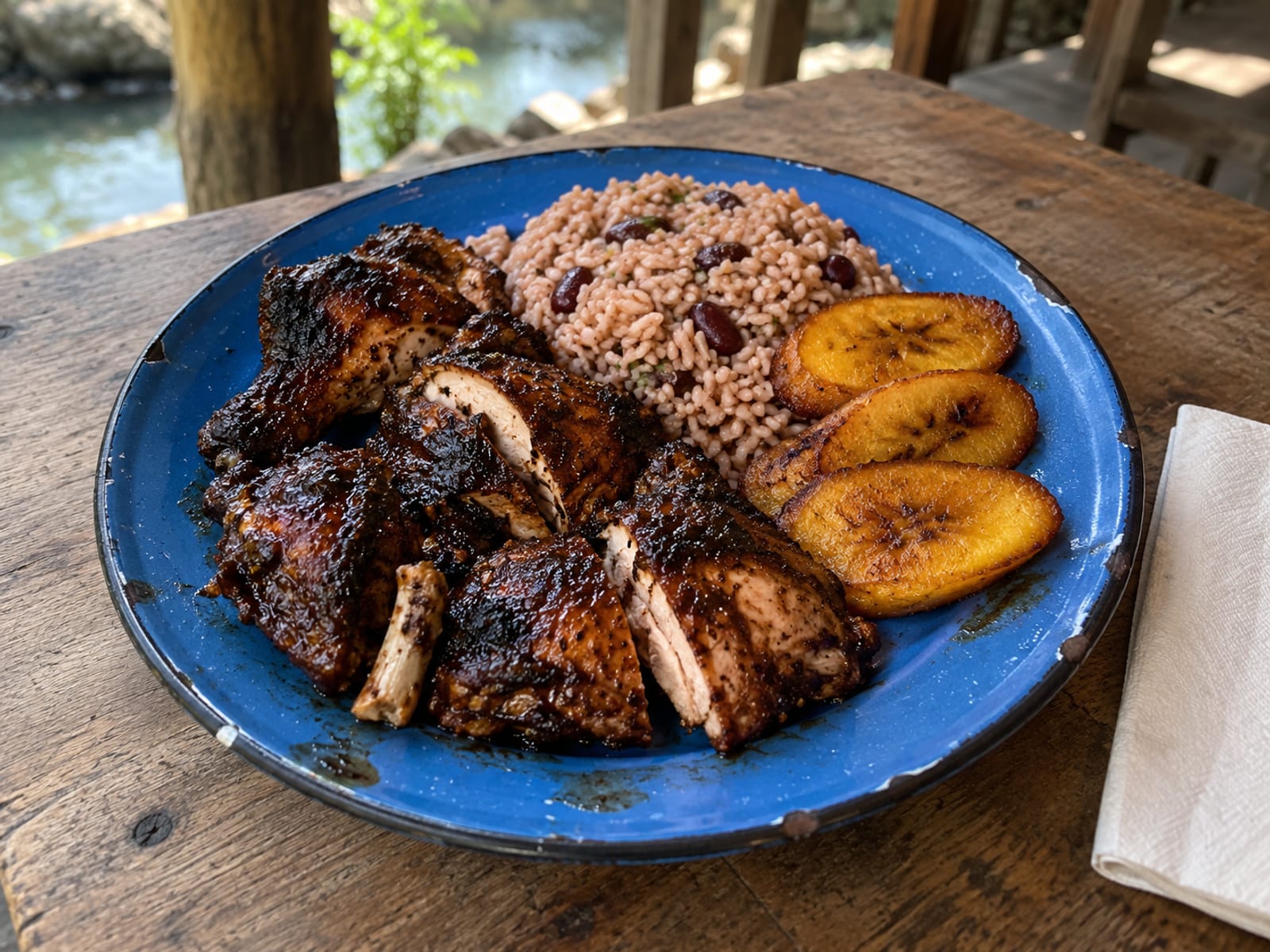 A plate of jerk chicken with rice and peas and fried plantain on a simple table