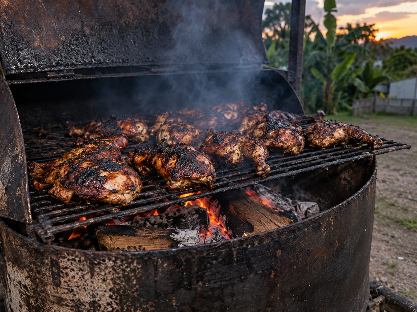Jerk chicken pieces cooking over smoking pimento wood on an oil-drum grill