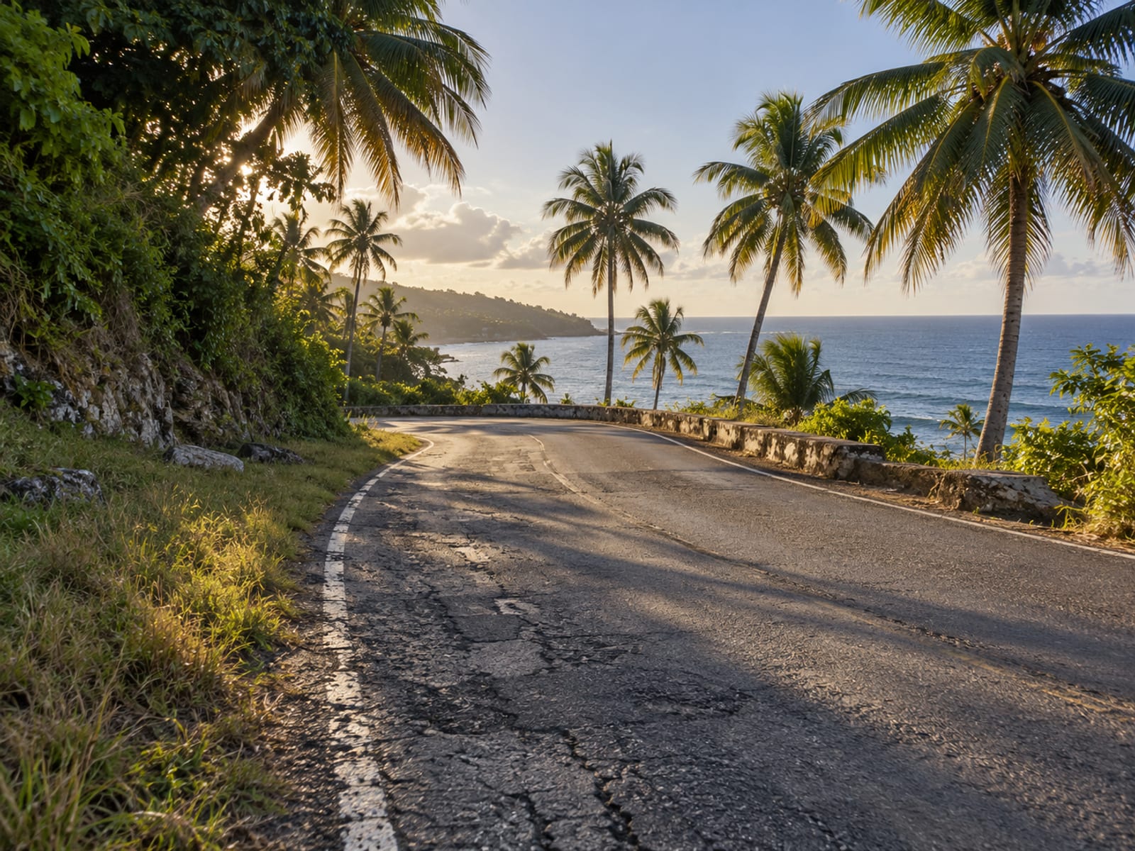 A quiet palm-lined road curving toward the sea in the late afternoon