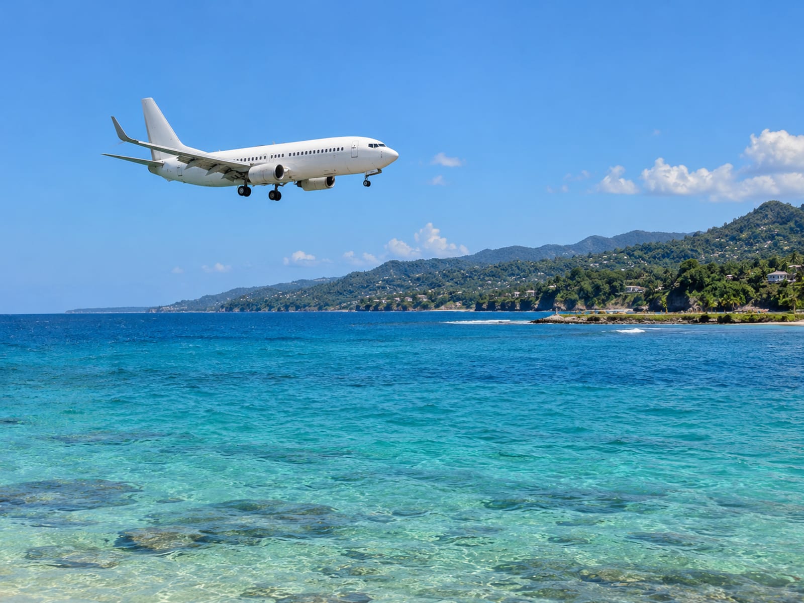 A small plane descending over turquoise water toward a green coastline