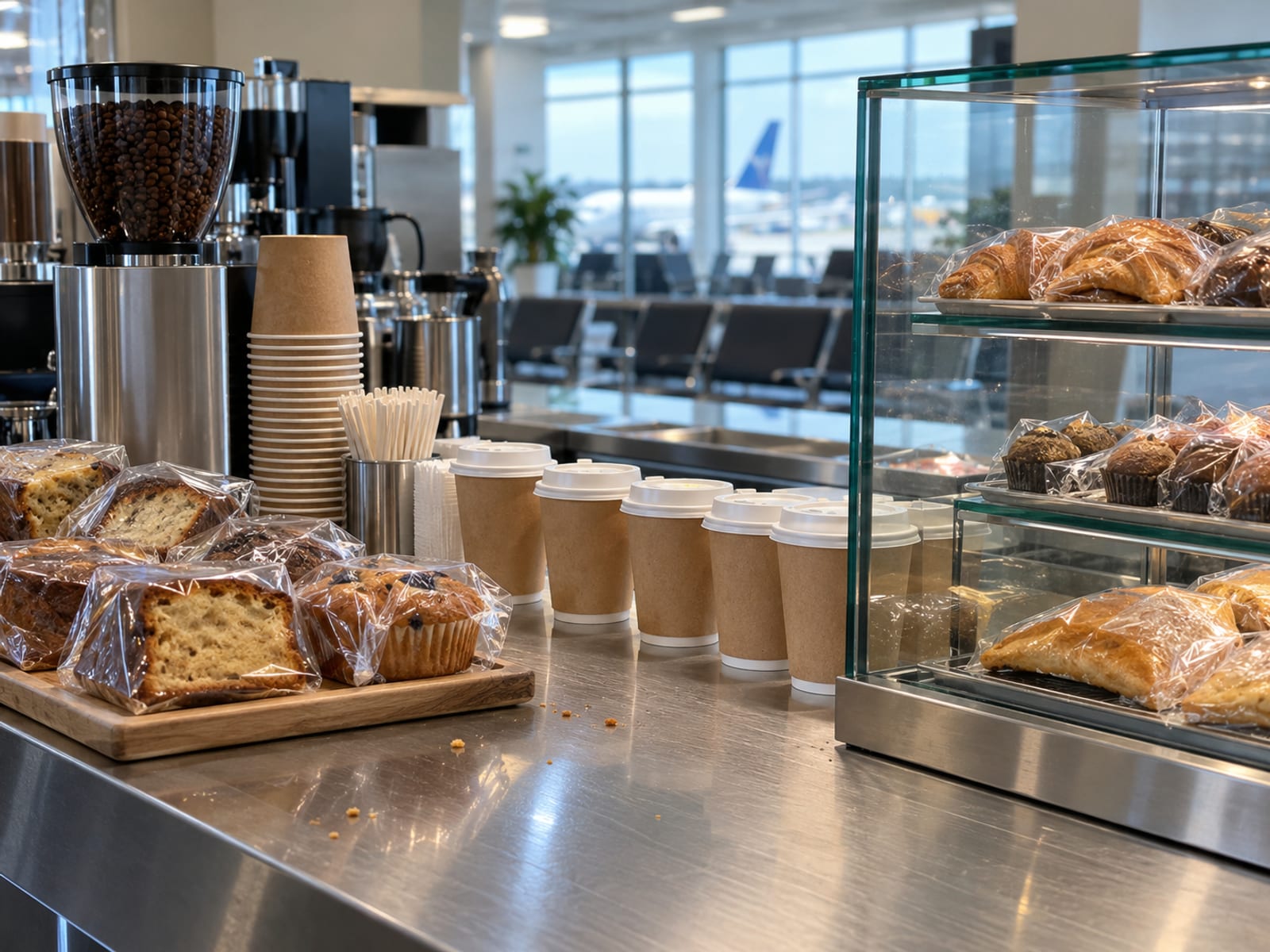 A plain airport cafe counter with coffee cups and pastries in bright light