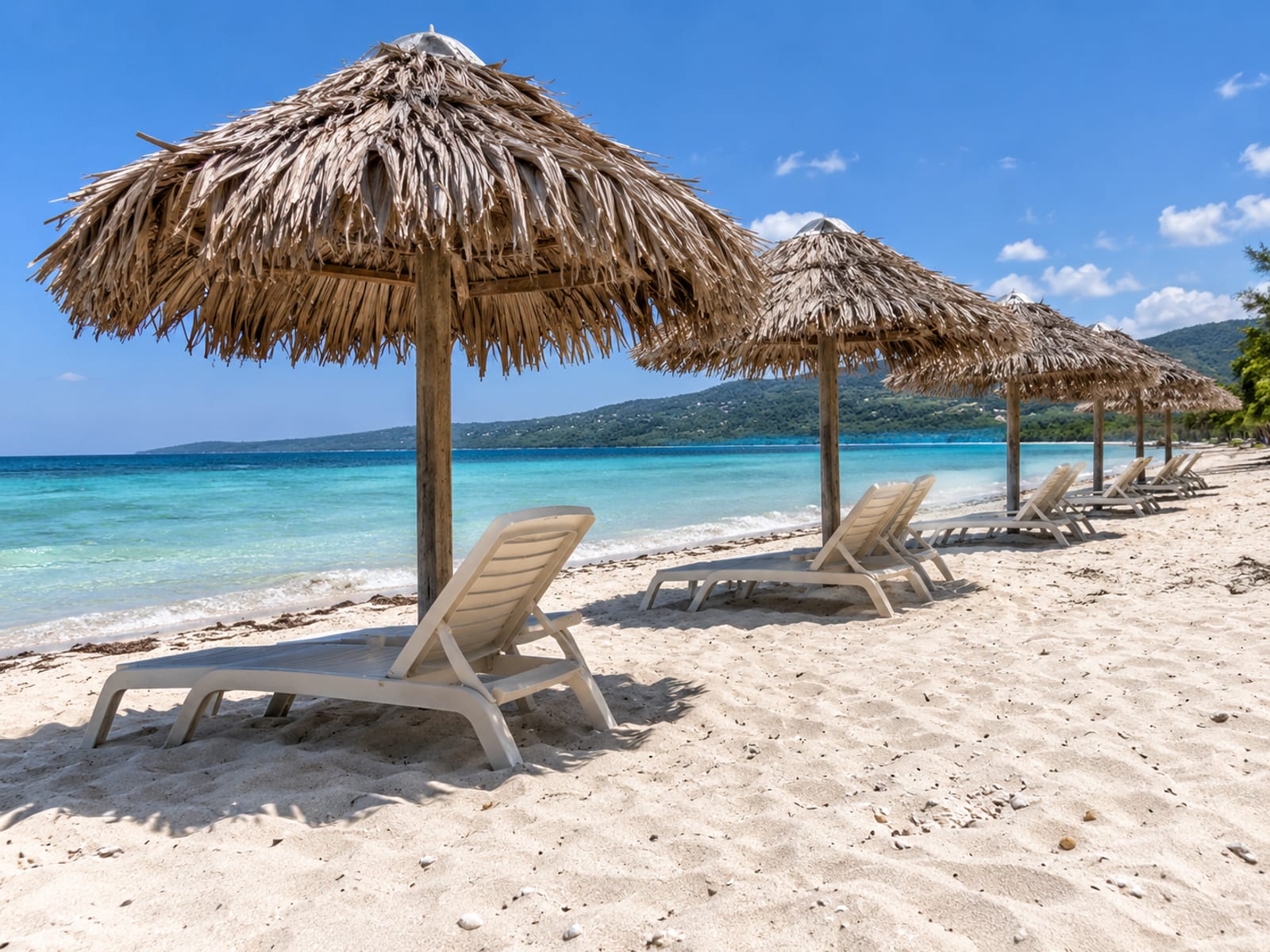 A stretch of white beach with empty umbrellas and clear shallow water