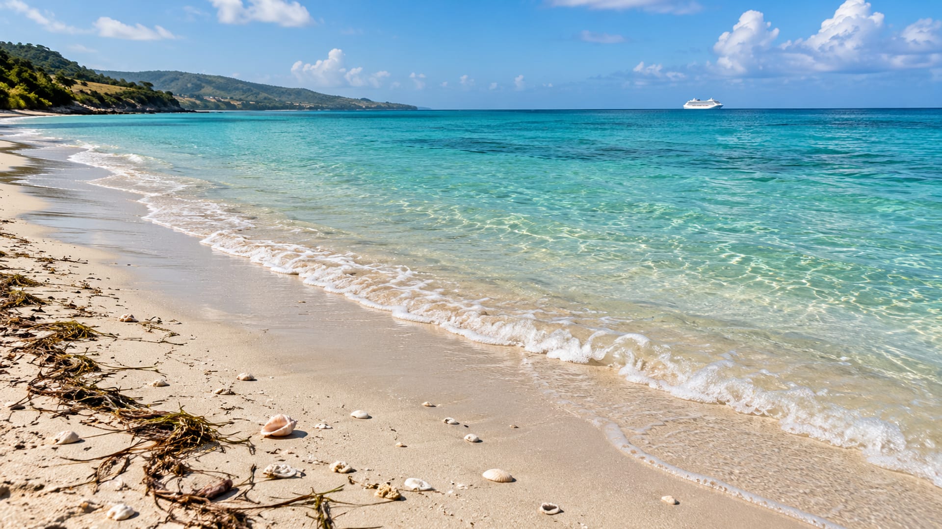 A turquoise bay with a distant cruise ship and a curve of white sand under a bright sky