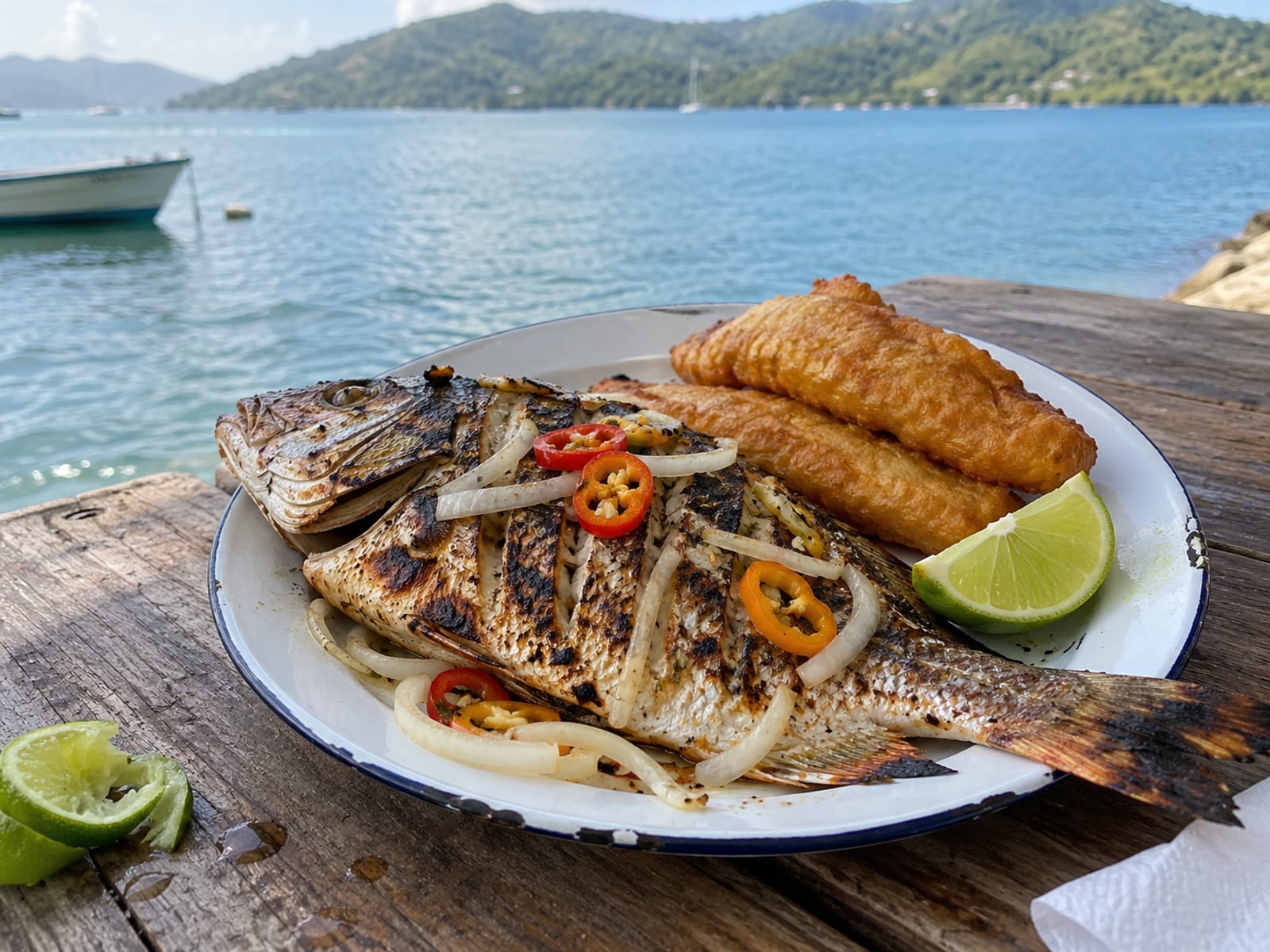 A plate of grilled fish with festival and a wedge of lime on a table beside calm water