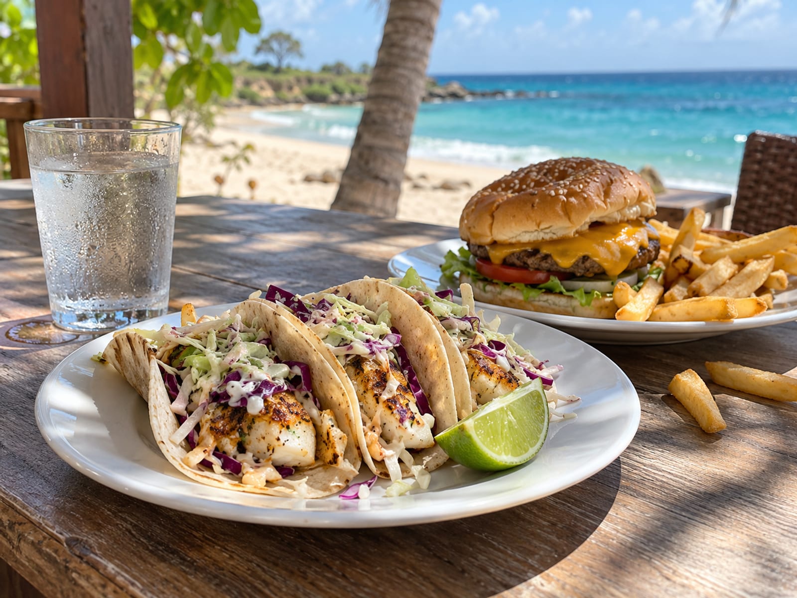 Fish tacos and a cheeseburger with fries on a table near a sunny beach