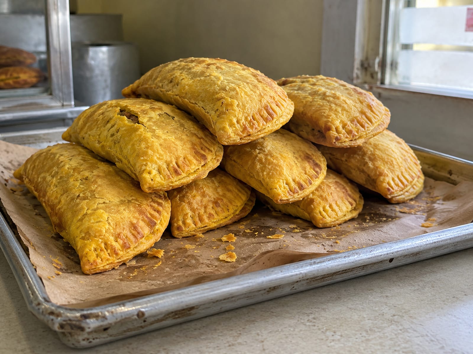A stack of golden Jamaican patties on a paper-lined tray