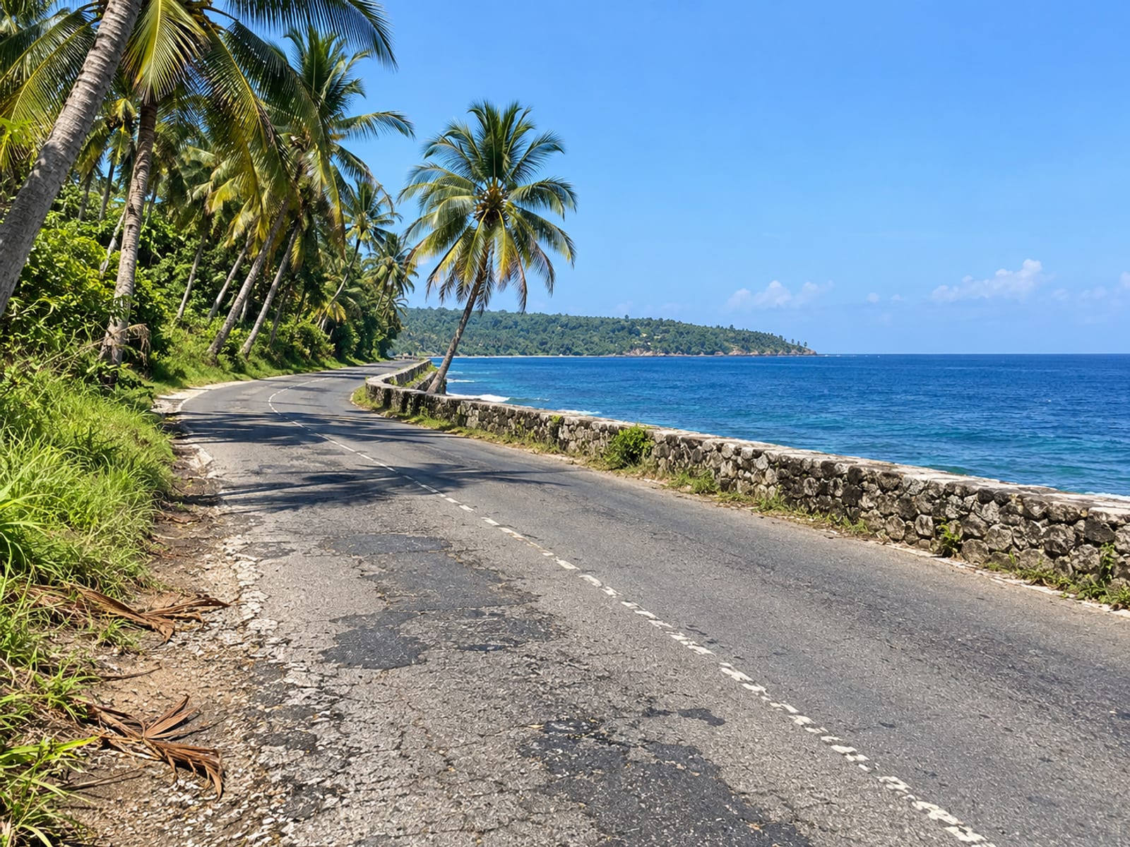 A palm-lined coastal road beside a calm blue sea on a sunny day