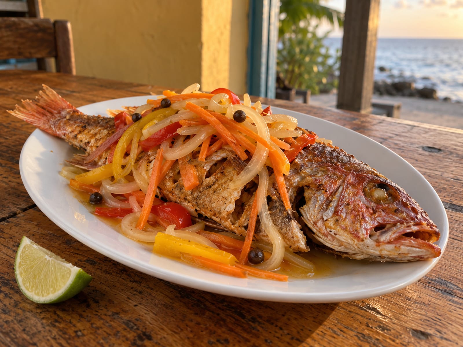 A whole fried snapper with pickled onions and peppers on a plain white plate