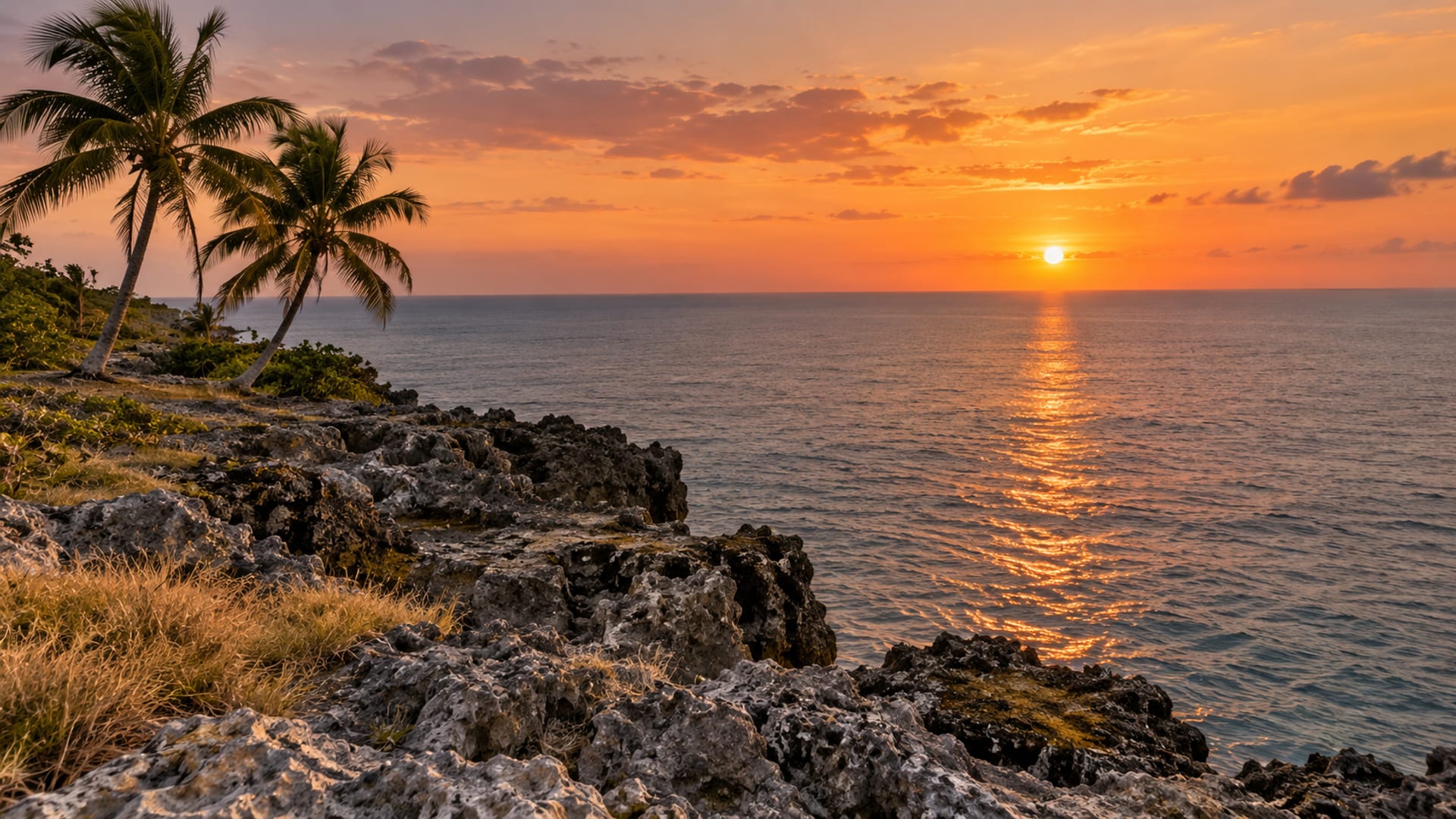 Golden sunset over a calm sea seen from a rocky cliff edge with palms