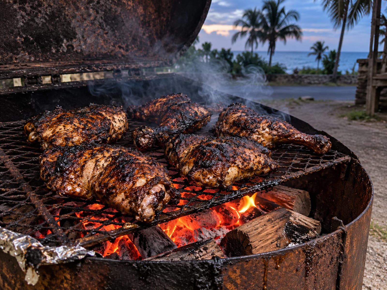 Pieces of jerk chicken cooking on a drum grill over glowing coals and wisps of smoke