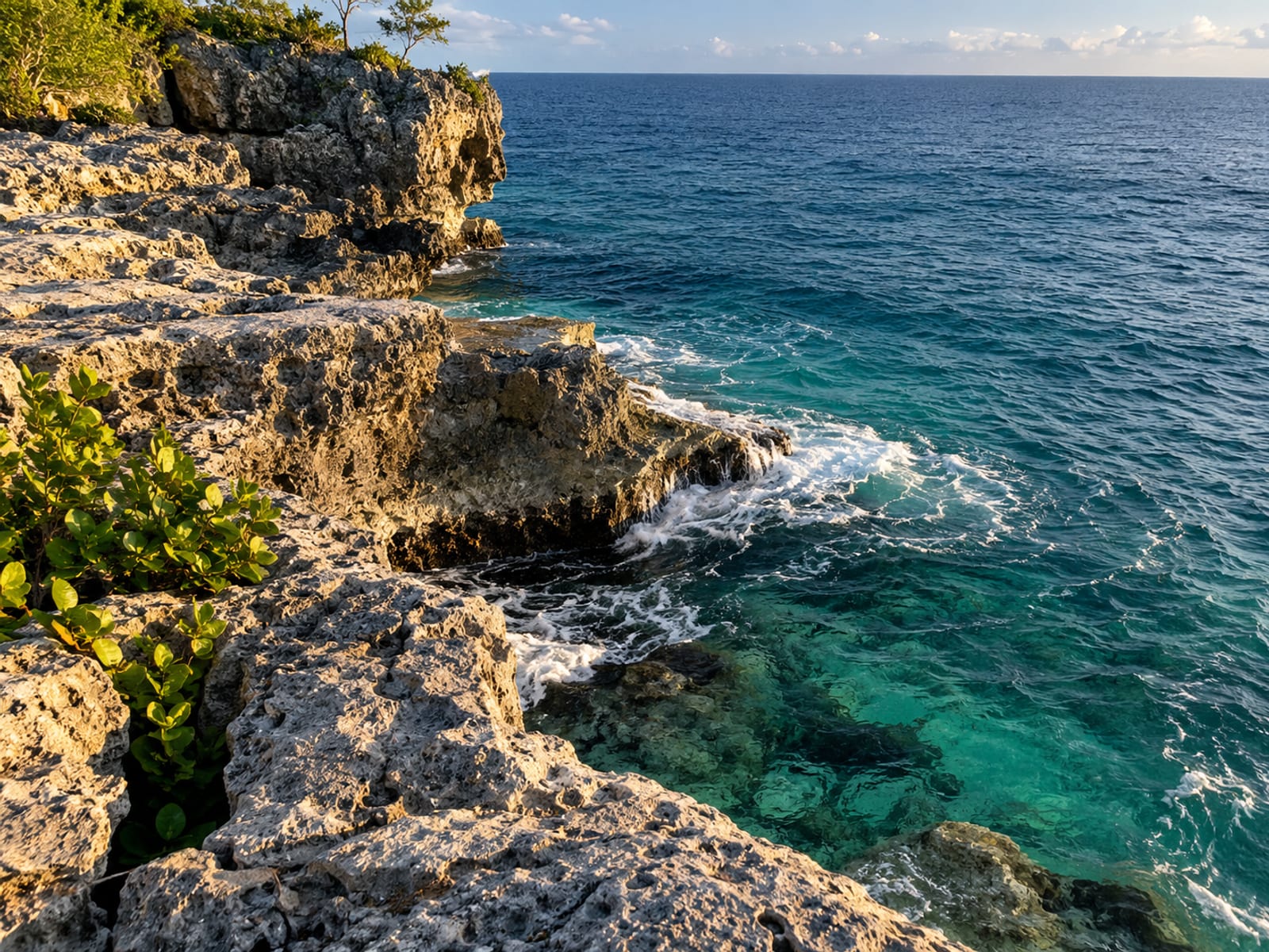 Rocky limestone cliffs above clear blue-green water in warm evening light
