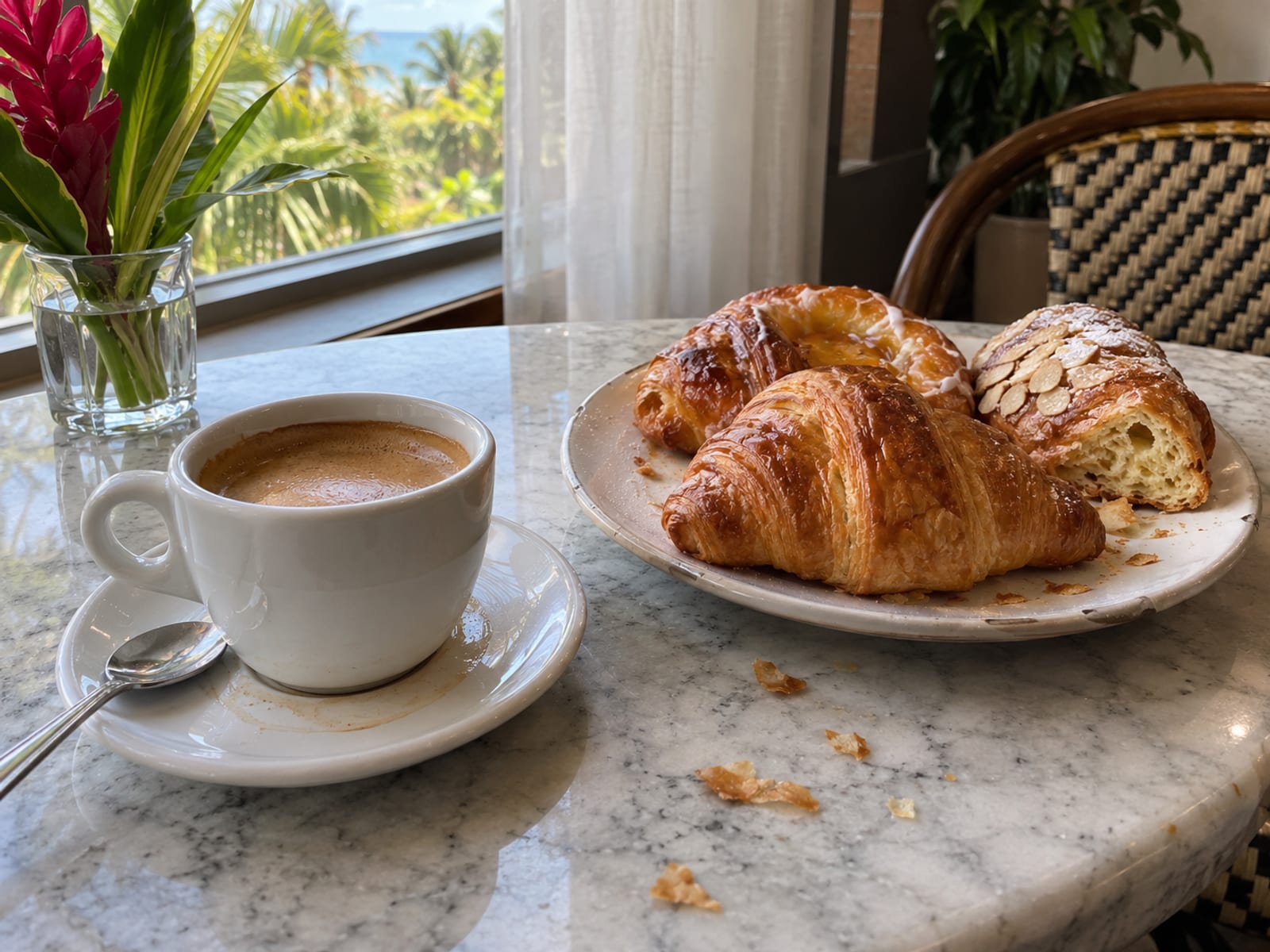 A cup of espresso and a plate of pastries on a café table in morning light