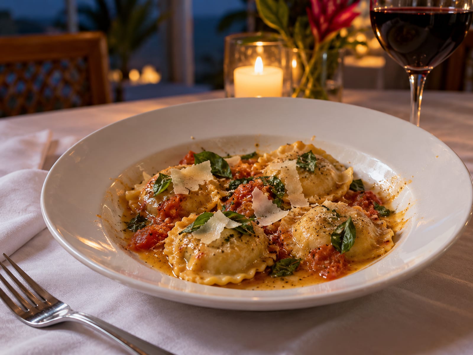A plated fine-dining dish of ravioli with a drizzle of sauce on a white tablecloth