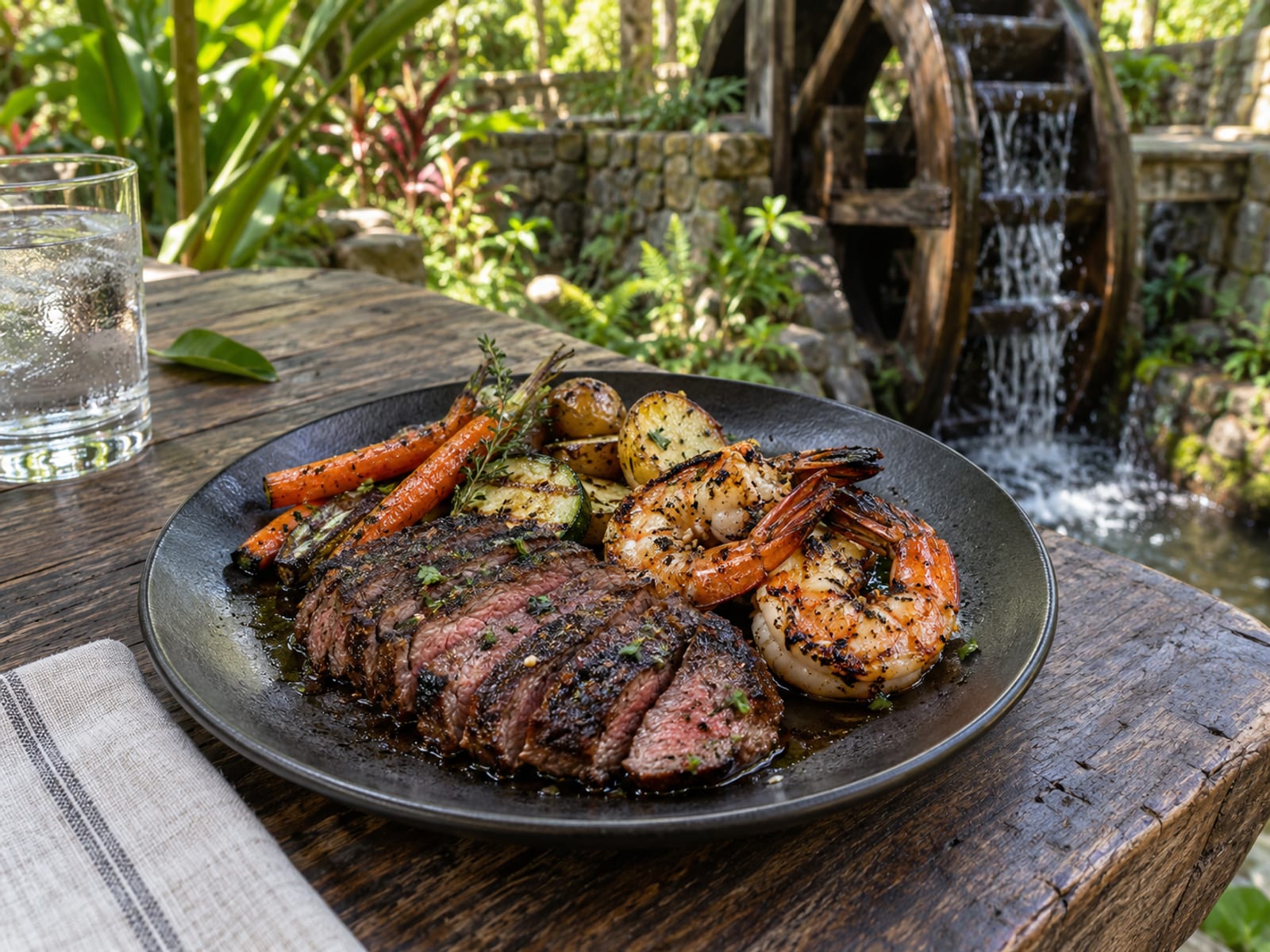 A grilled steak with shrimp and vegetables on an outdoor table beside a wooden water wheel