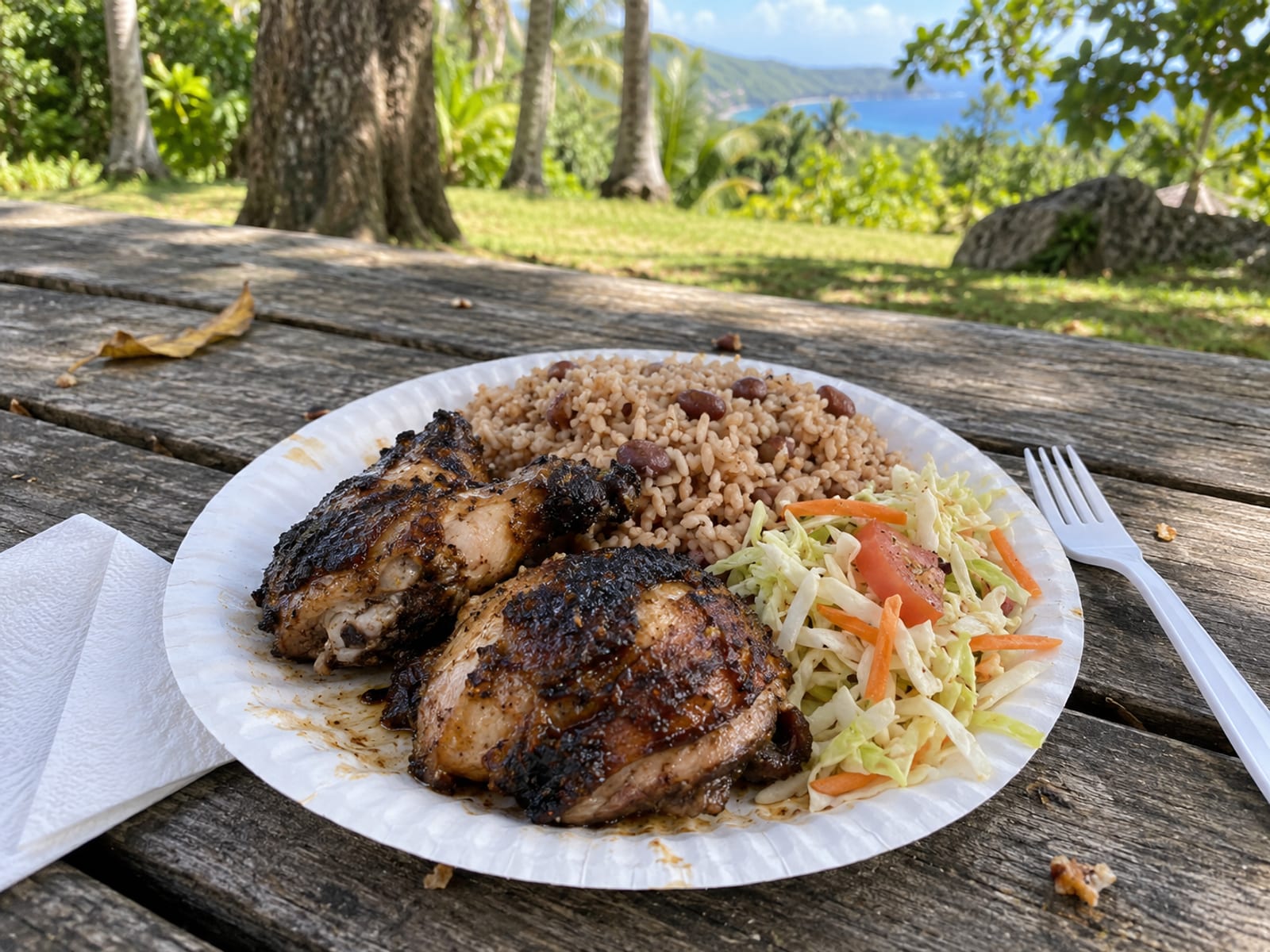 A plate of jerk chicken with rice and salad on a picnic table beside a green lawn