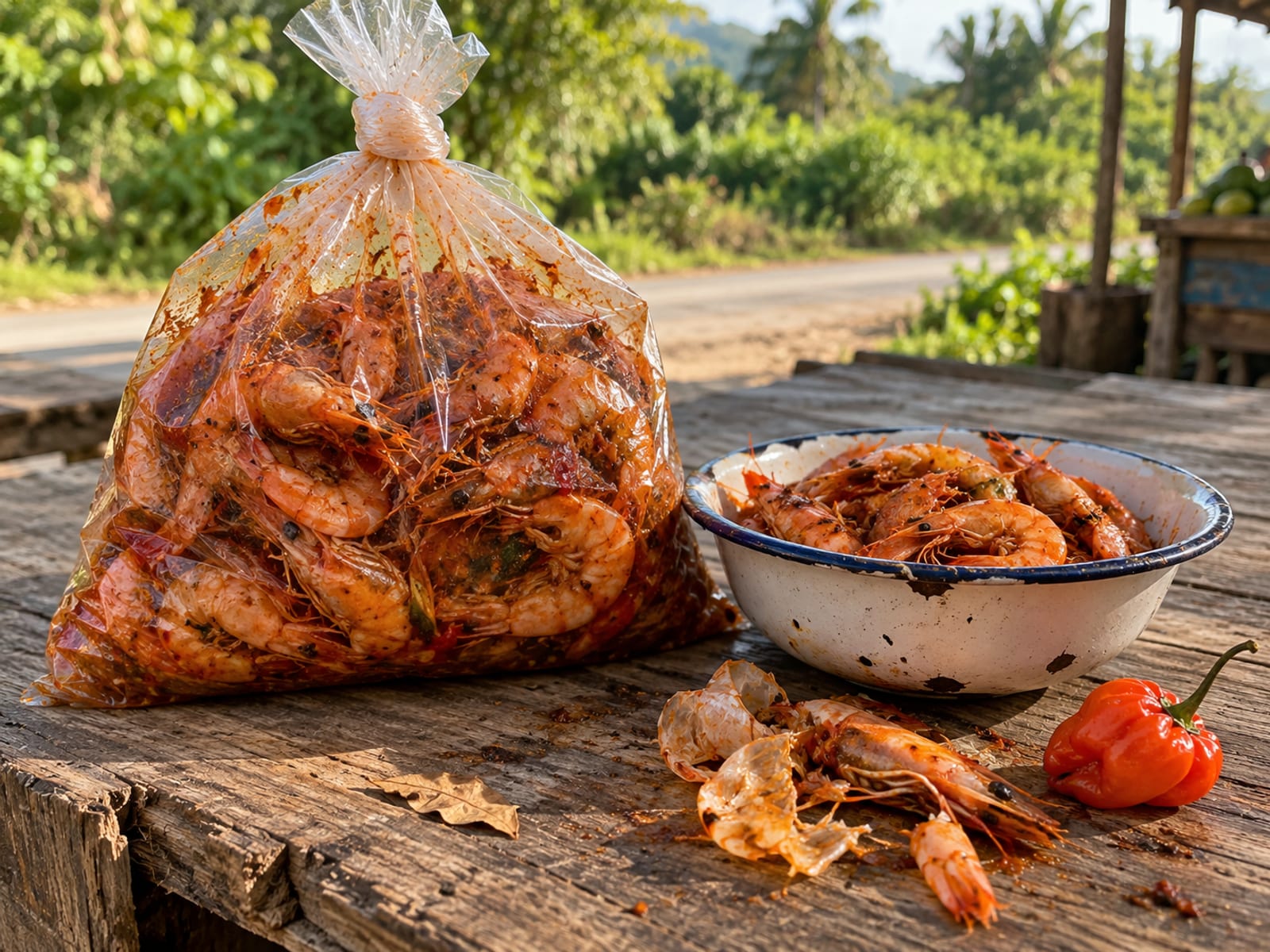 A paper bag of peppered shrimp with a few shells and a small bowl of pepper sauce on a roadside stall