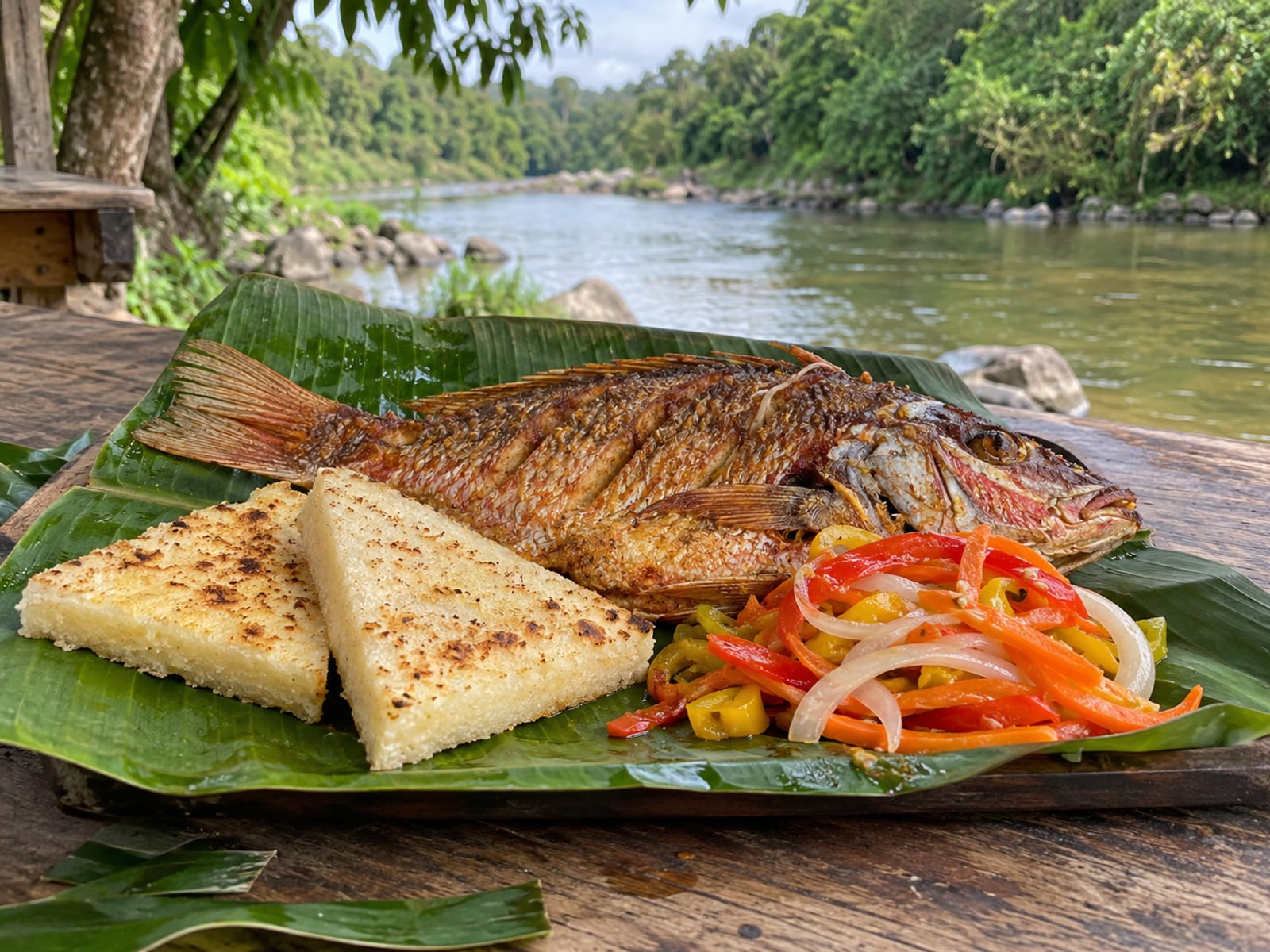 A plate of fried fish with bammy and sliced pepper on a simple table beside a river