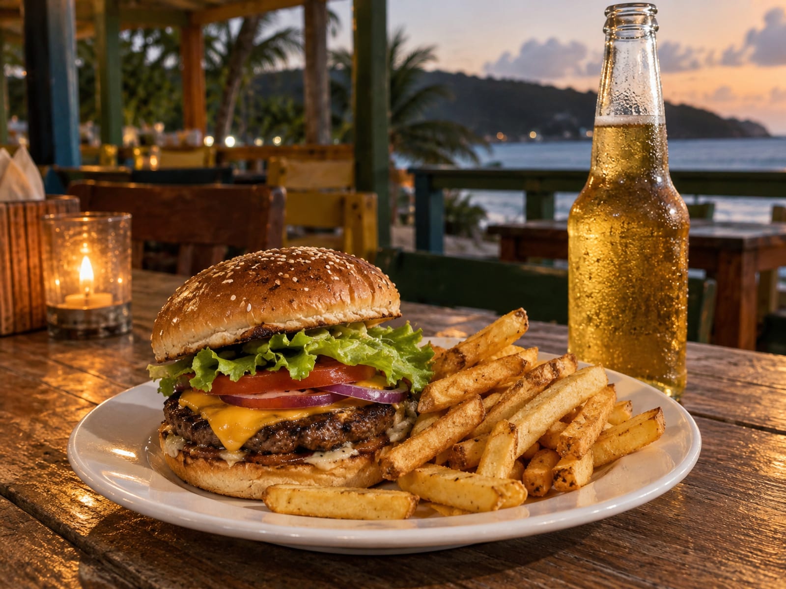 Burger and fries on a plain plate beside a cold bottle of beer on a restaurant table
