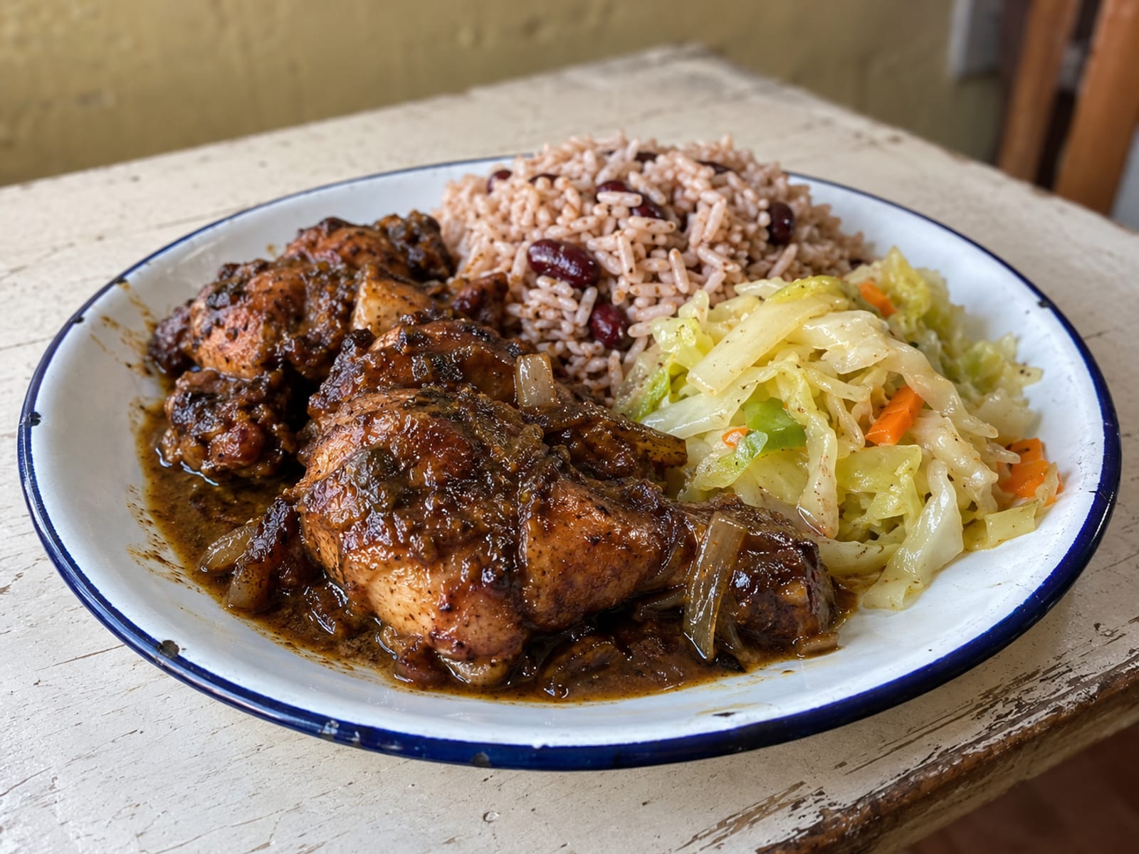 Plate of brown stew chicken with rice and peas and steamed cabbage on a simple table