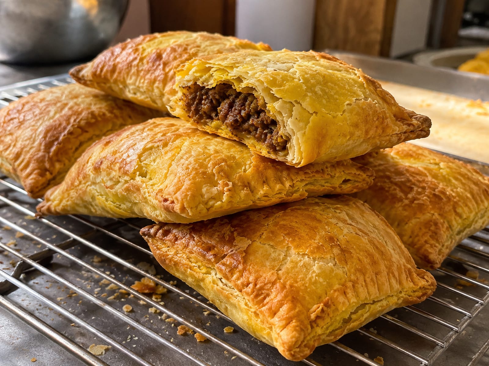 Golden beef patties stacked on a bakery rack in warm light