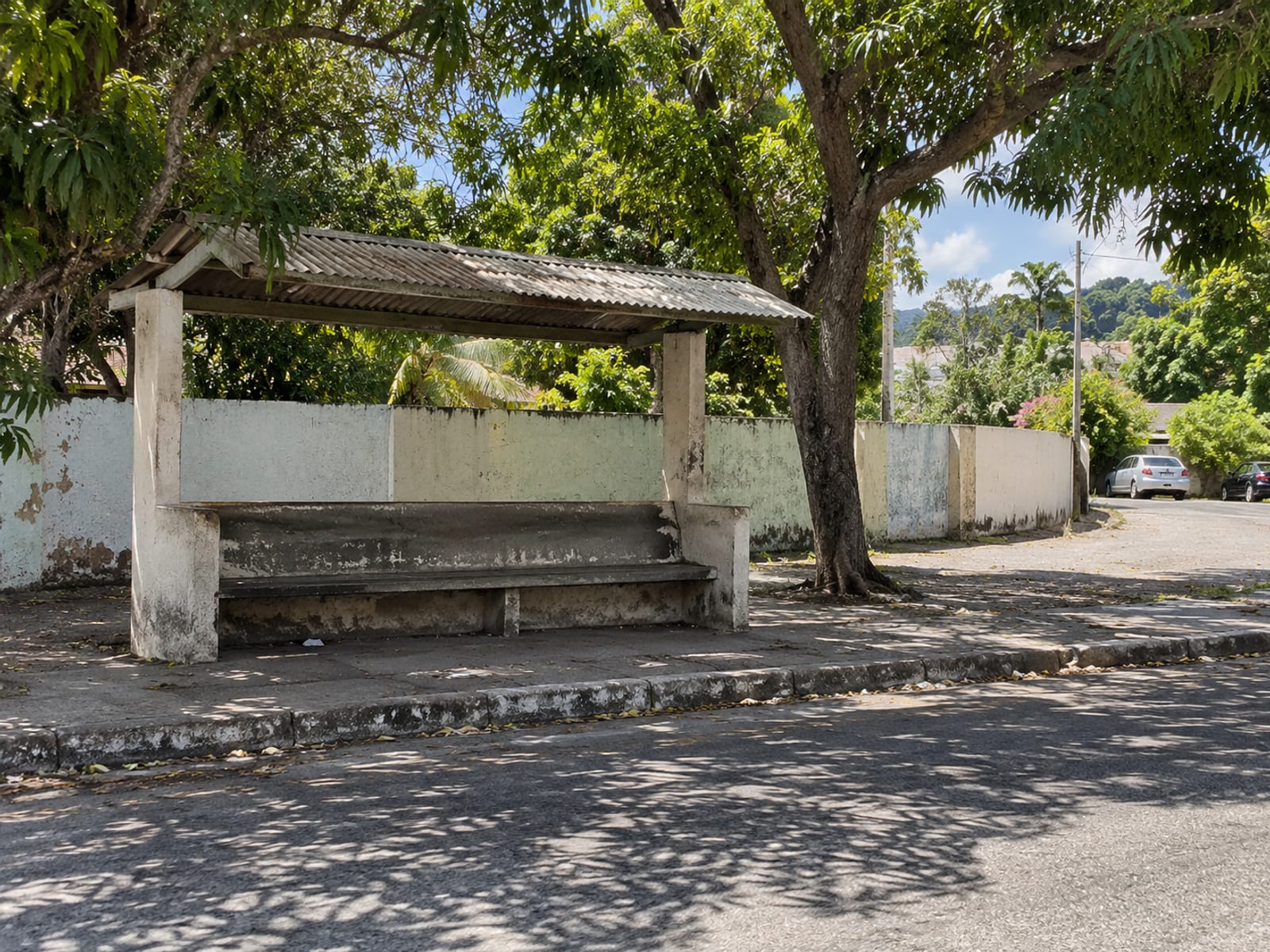 A quiet city street with an empty covered bus shelter in afternoon light
