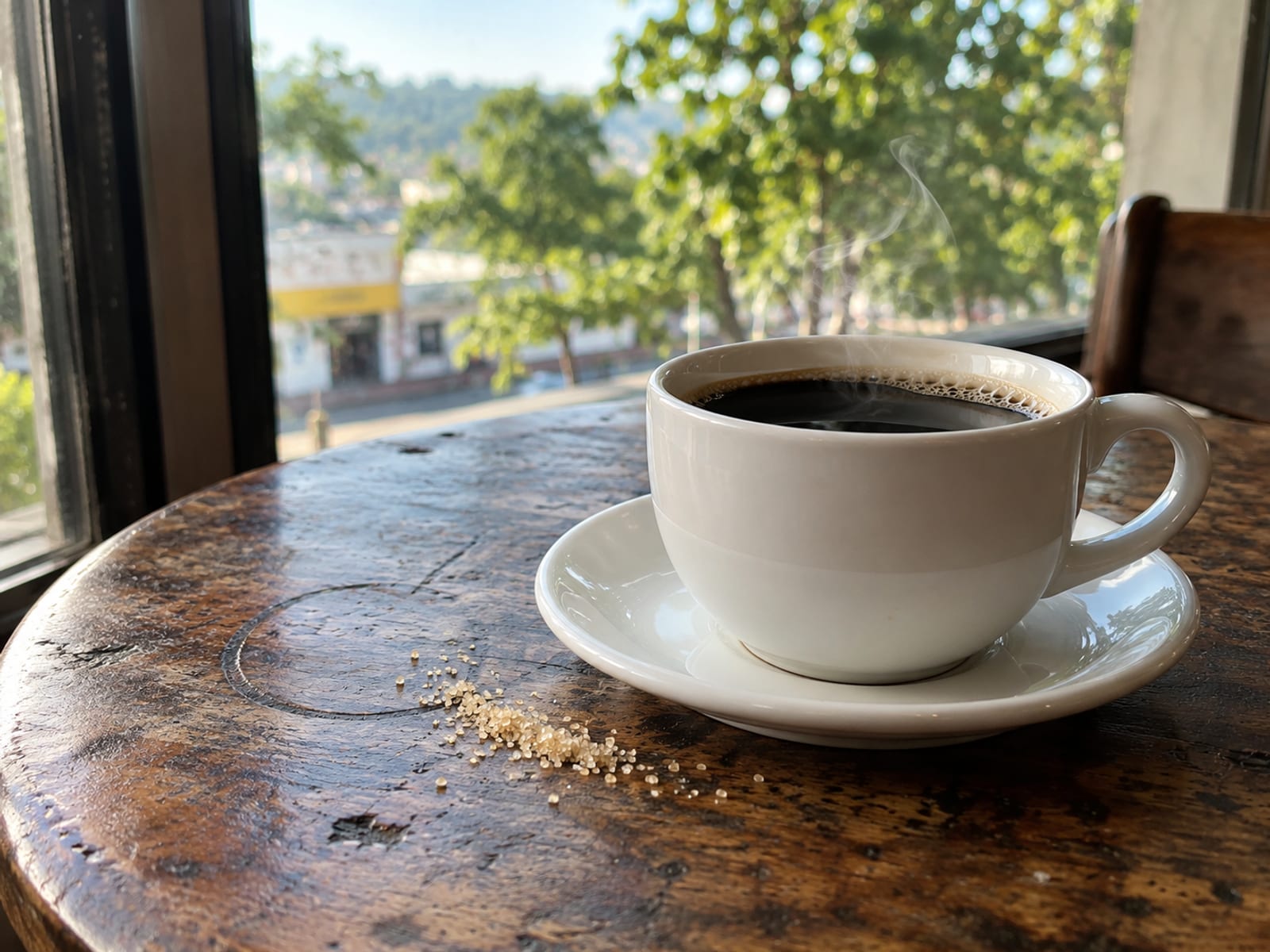 A white cup of black coffee on a wooden table in morning light