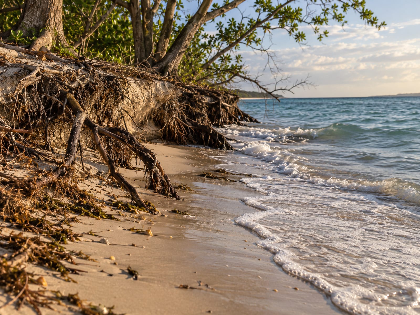 A narrow sand shoreline eroded at the edge with exposed roots and small waves