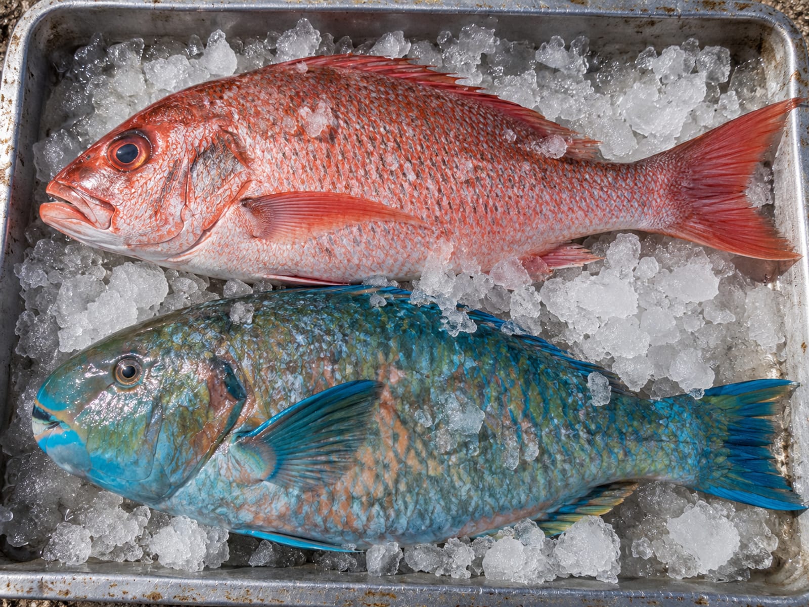 Whole red snapper and parrot fish laid out on crushed ice