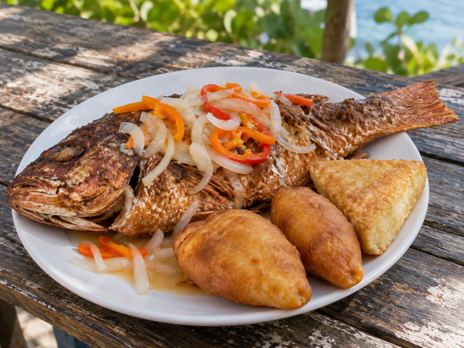 A whole fried fish served with festival and bammy on a plain plate
