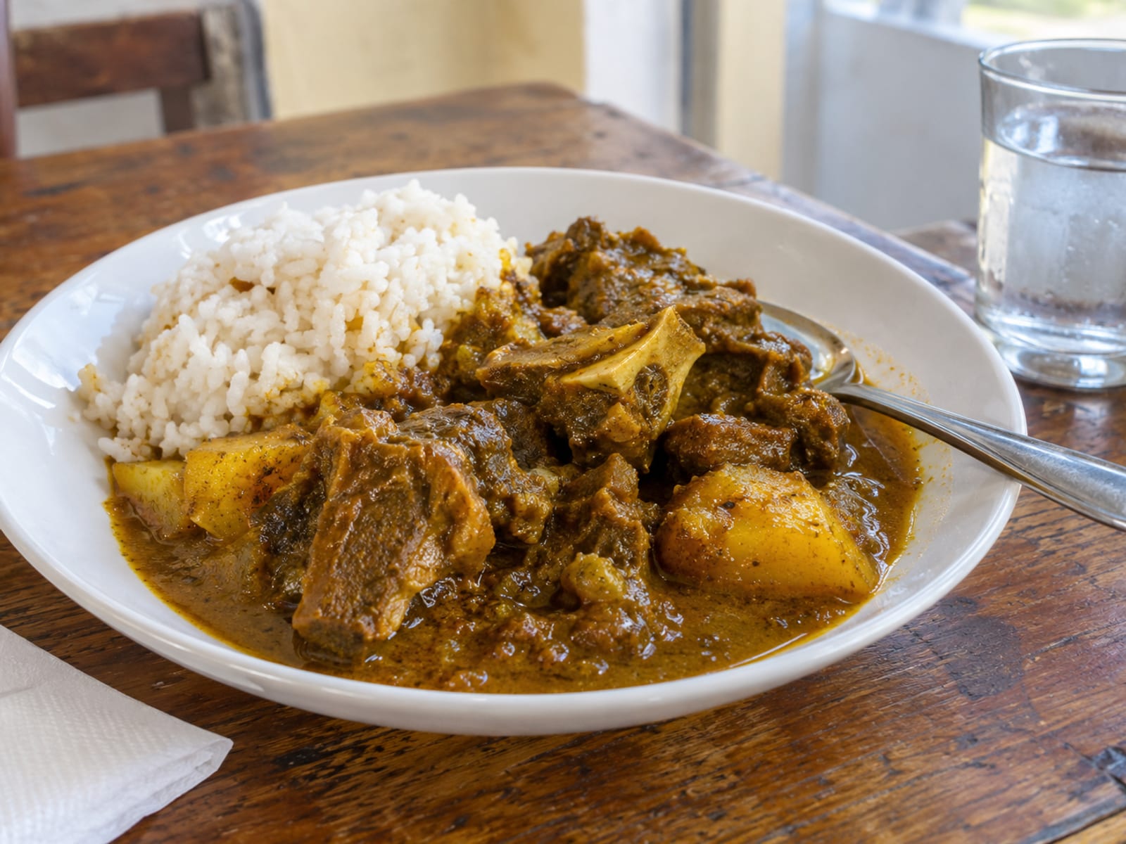 A plate of curry goat in thick gravy beside white rice on a plain table