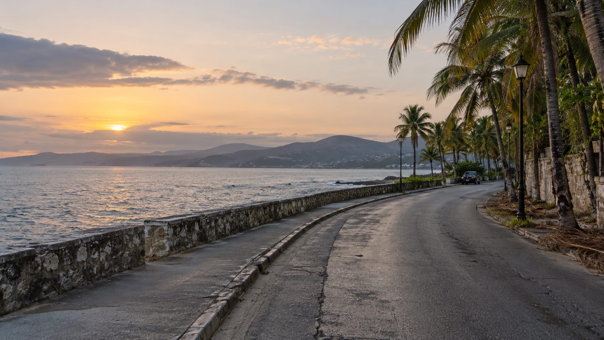 A palm-lined seafront road curving beside calm water at dusk