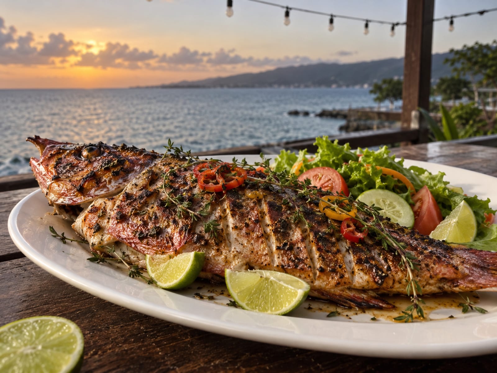 A whole grilled snapper on a white plate with lime wedges