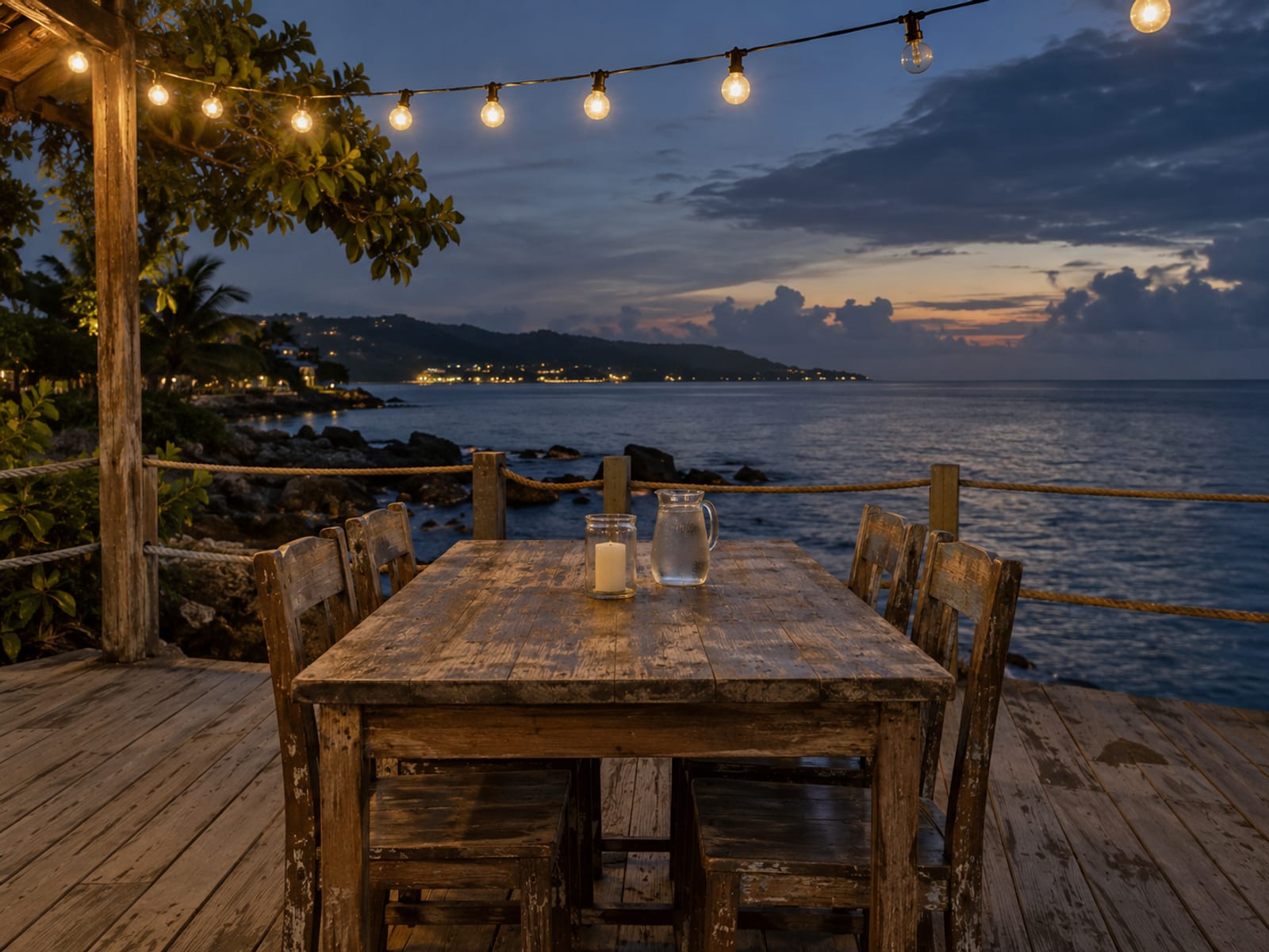 String lights glowing above an empty seafront terrace table at dusk