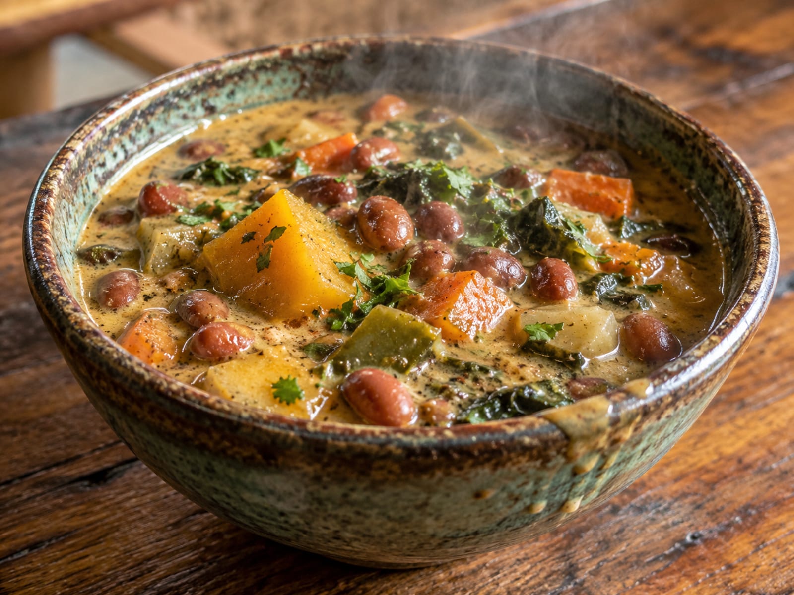 Bowl of vegetable and red pea stew with coconut milk, steaming on a wooden table