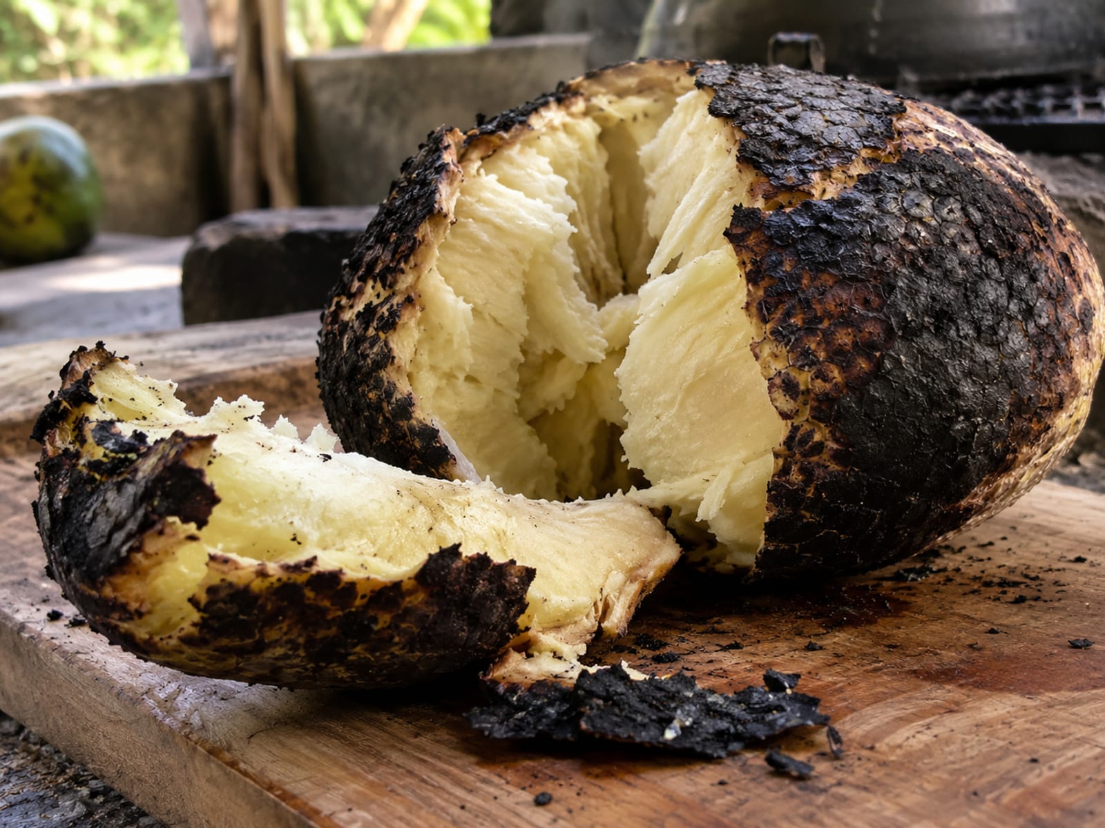 Roasted breadfruit with a charred skin, cut open on a board